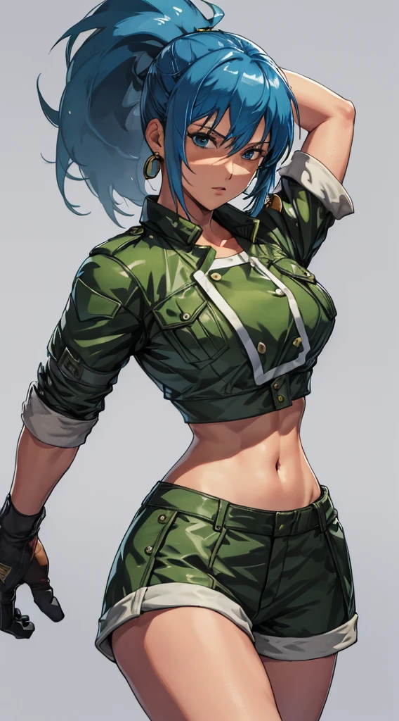 masterpiece,, best quality, highres, 1girl, leona heidern, blue hair, blue eyes, ponytail, green shorts, midriff, crop top, black gloves, breasts, military uniform, green jacket, earrings, jewelry, navel, large breasts, cowboy shot,