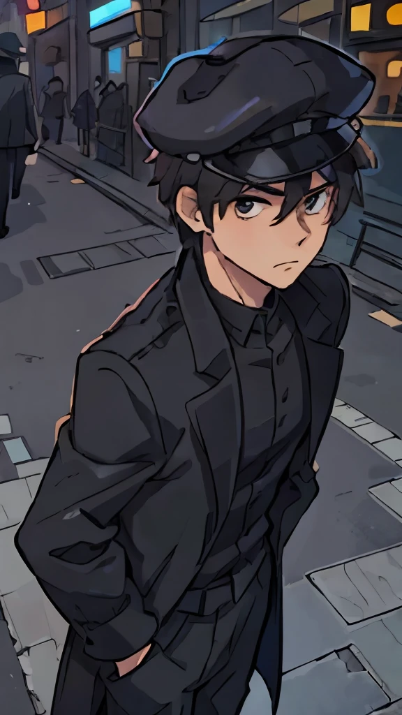 (best quality:0.8) perfect anime illustration, a handsome, serious men wearing British style cap on the street in the city, wearing a black suite, black long coat