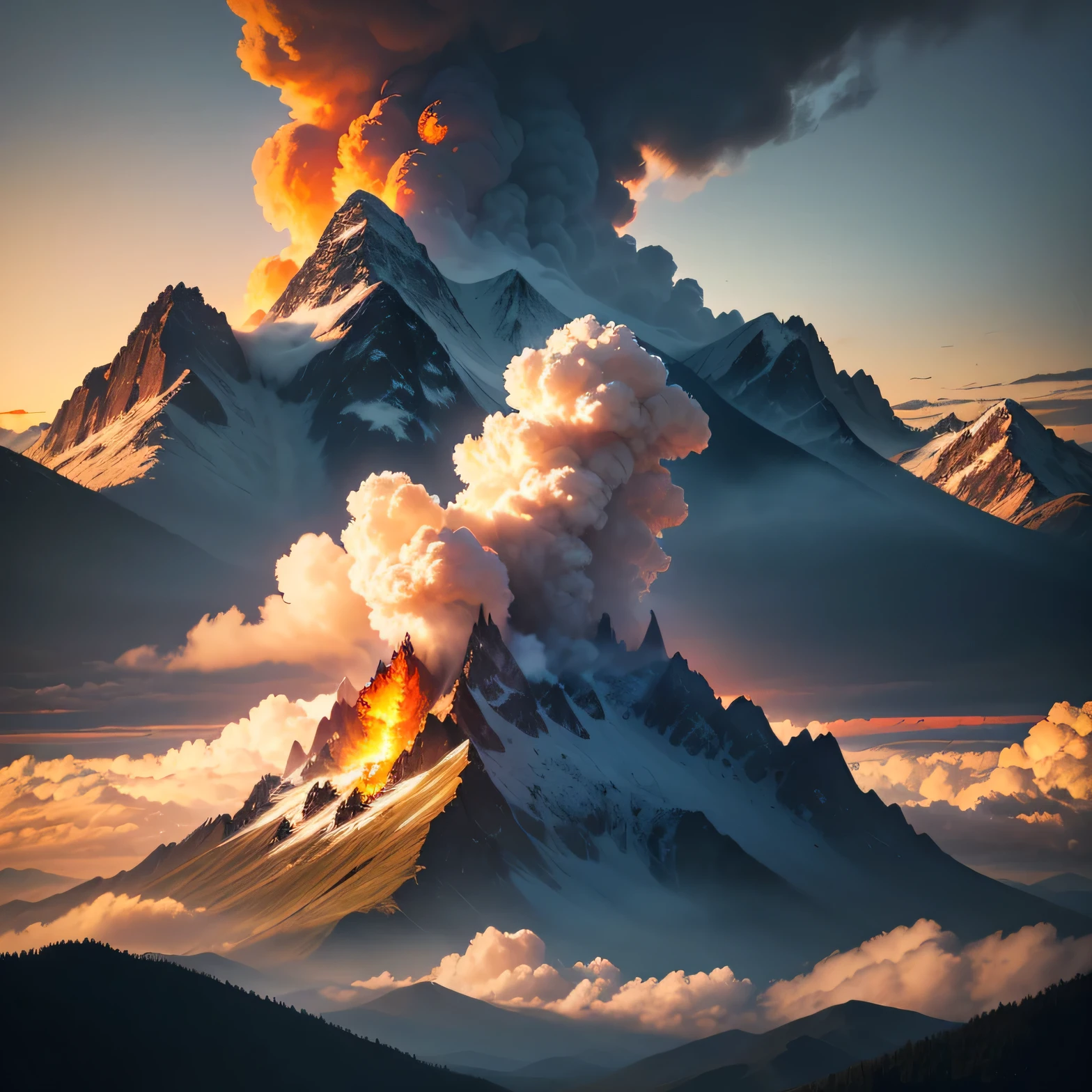 (Best quality,4K,8K,A high resolution,Masterpiece:1.2),Ultra-detailed,(Realistic,Photorealistic,photo-realistic:1.37), mountains and clouds, yellow clouds on fire, sunset, yellow sky.High mountain ranges, clouds below mountains, mountains on fire, wild fire, wildfire, highest mountain on fire, lots of clouds