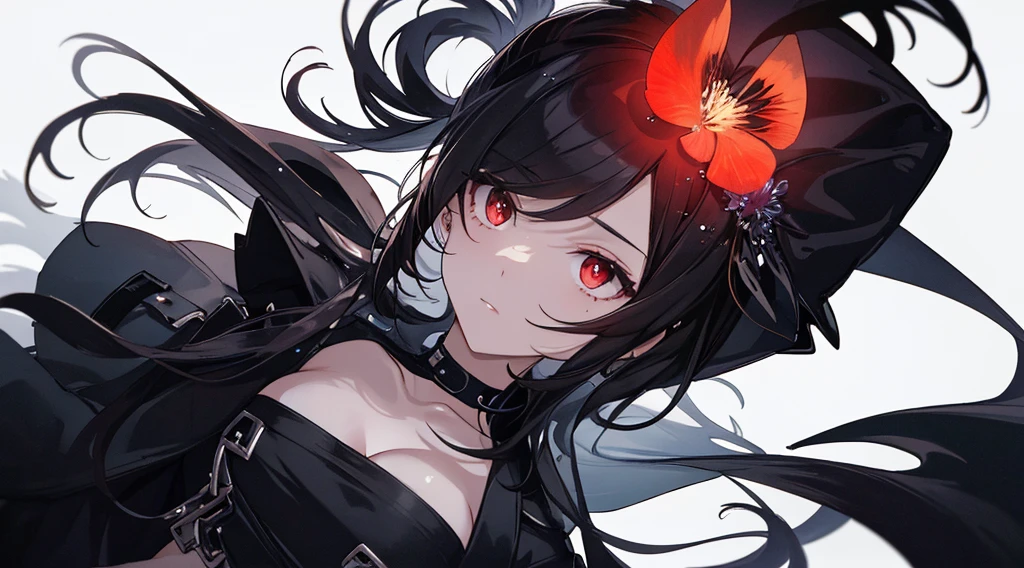 ((master piece:1.4, highest quality))+, (hyper detail)+, (exquisite red eyes:1.5)+, (detailed ears:1.5), (cute girls), (white undershirt,long black trousers:1.5), tight black silk, very long hair, (blue flower:1.2), pale skin, (black cloth:1.5), (Black Martin Boots:1.4), city of blood,black dead trees around, Hello, dense fog,mechanical weapons, delicate legs, red butterfly,giant celestial warrior:1.1), (dawn light:1.2), ), (Close-up:1.1), the only person, bell, darkグレーの髪, Hair covering one eye, V-shaped eyebrows, dark (Expressing the), From the back, From above, highest quality, High resolution, expensive詳細, expensive、expensive品質, 16k