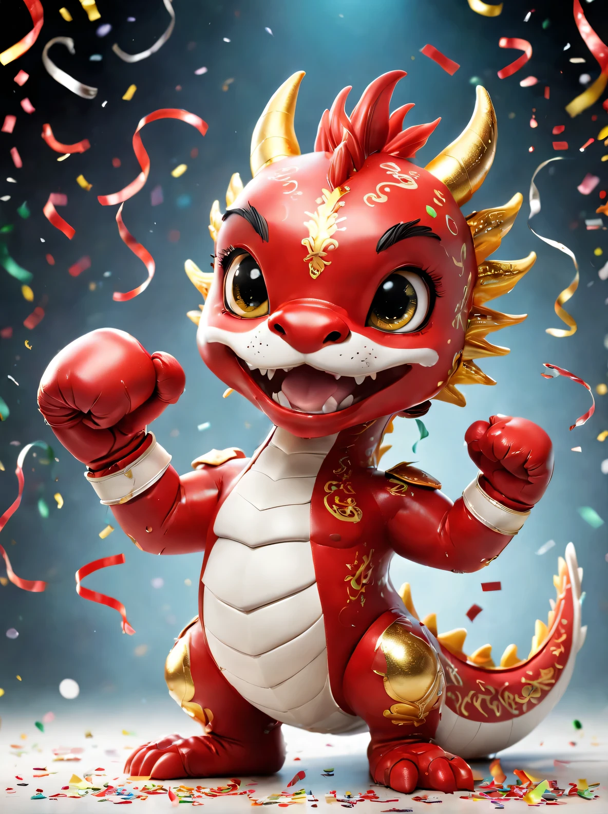 Boxing Dragon presents delightful and whimsical scenes, Anthropomorphic in a chibi style, take center stage. This adorable creature is dressed in bright red, Kaneko, and white, Symbol of joy, luck, and purity. Its round, The chubby body and oversized head make it look irresistibly cute, And its little fists are wrapped in boxing gloves. The dragon&#39;s face is decorated with playful expressions, Keep your eyes open, red face, and naughty smile. The air is filled with confetti and streamers, adding to the festive ambiance, When the dragon strikes a dynamic pose, Prepare to punch. Despite being petite, Dragon exudes confidence and determination, Show the indomitable spirit of a champion. The delightful fusion of boxing and mythical creatures embodies joyful celebrations, Capturing the essence of fun, Excited, Integrate harmoniously with cuteness.