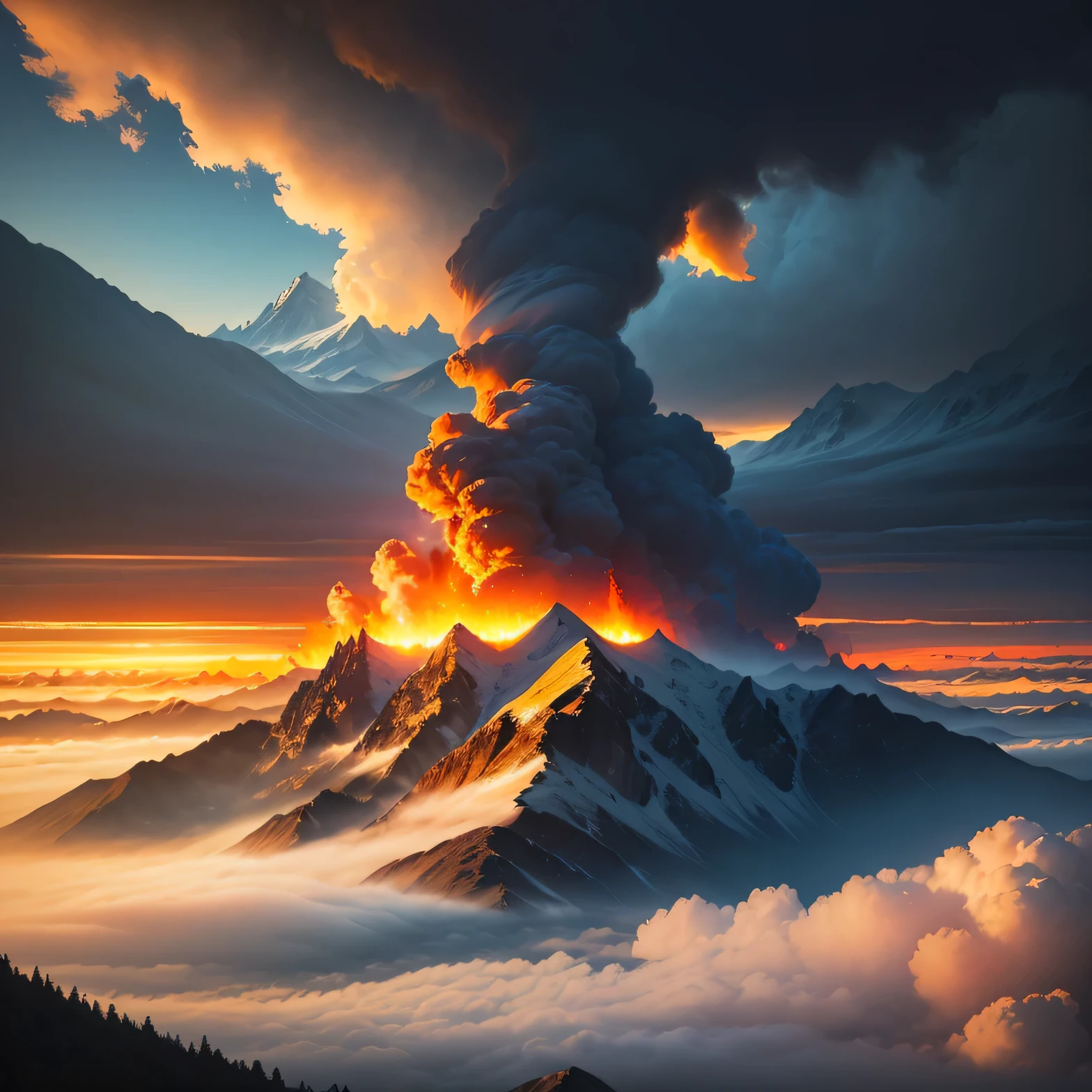 (Best quality,4K,8K,A high resolution,Masterpiece:1.2),Ultra-detailed,(Realistic,Photorealistic,photo-realistic:1.37), mountains and clouds, yellow clouds on fire, sunset, yellow sky.High mountain ranges, clouds below mountains, mountains on fire, wild fire, wildfire, highest mountain on fire, lots of clouds, dense clouds, dense fog