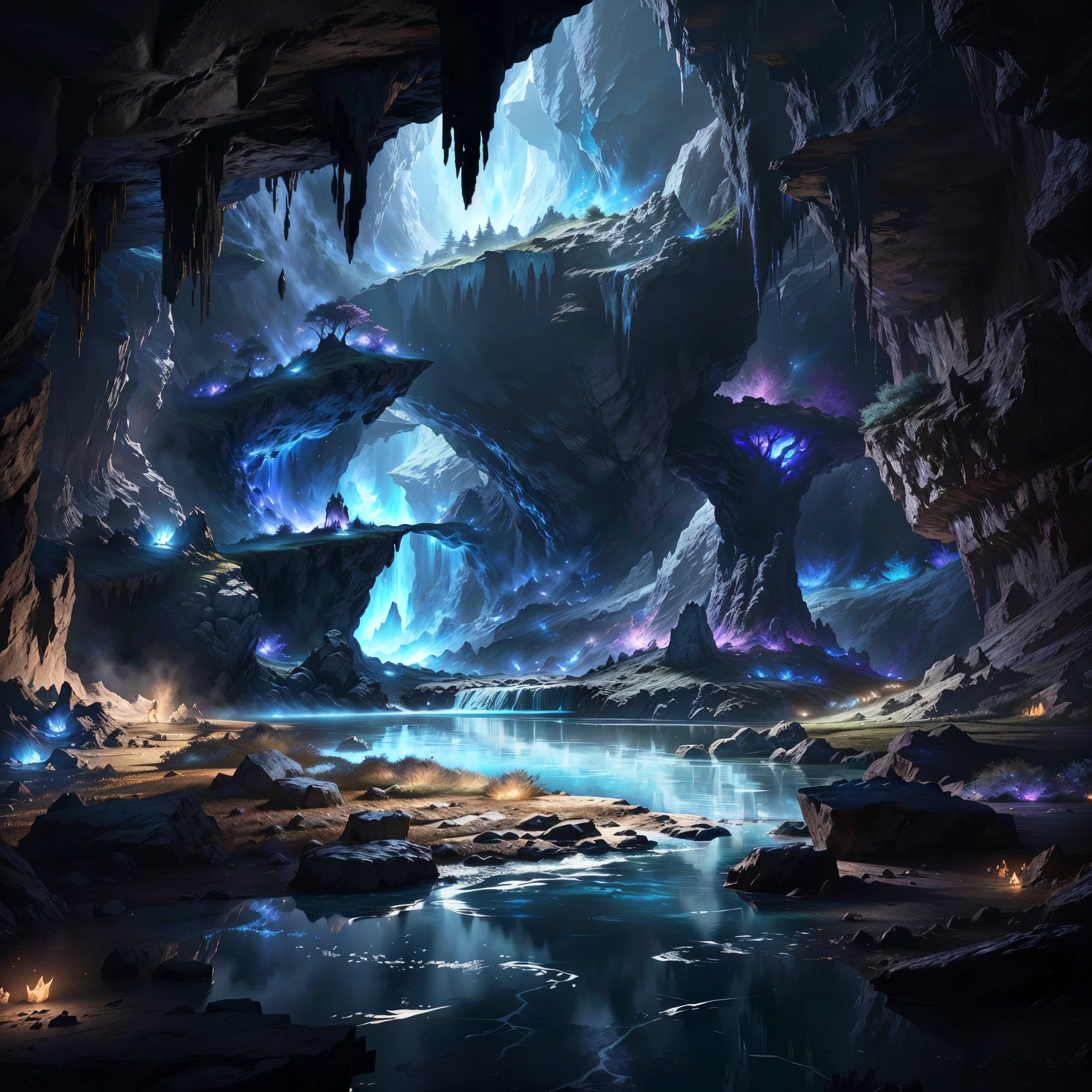 there is a cave with a waterfall and a waterfall in it, beautiful fantasy cave scene, magical cave, mythical gigantic space cavern, 4k fantasy art, detailed 4k concept art, unreal engine fantasy art, 8k fantasy art, 4k highly detailed digital art, impressive fantasy landscape, dark fantasy environment, 8 k high detail concept art, epic dreamlike fantasy landscape