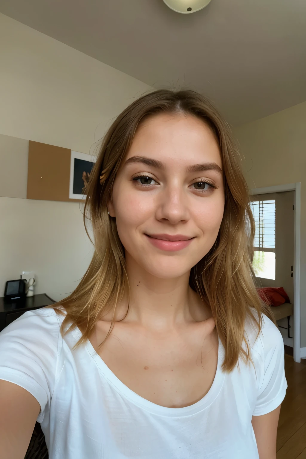 photorealistic, best quality, hyper detailed, natural amateur selfie, selfie, beautiful slim young woman, natural subtle makeup, natural light blond hair, selfie, wearing a white tshirt, headshot only, sweetest closed lipped smile, at home, indoors, golden hour, turned to camera, (focused),very sweet closed lipped smile, skin texture , ultra high res, best shadow, RAW, instagram LUT