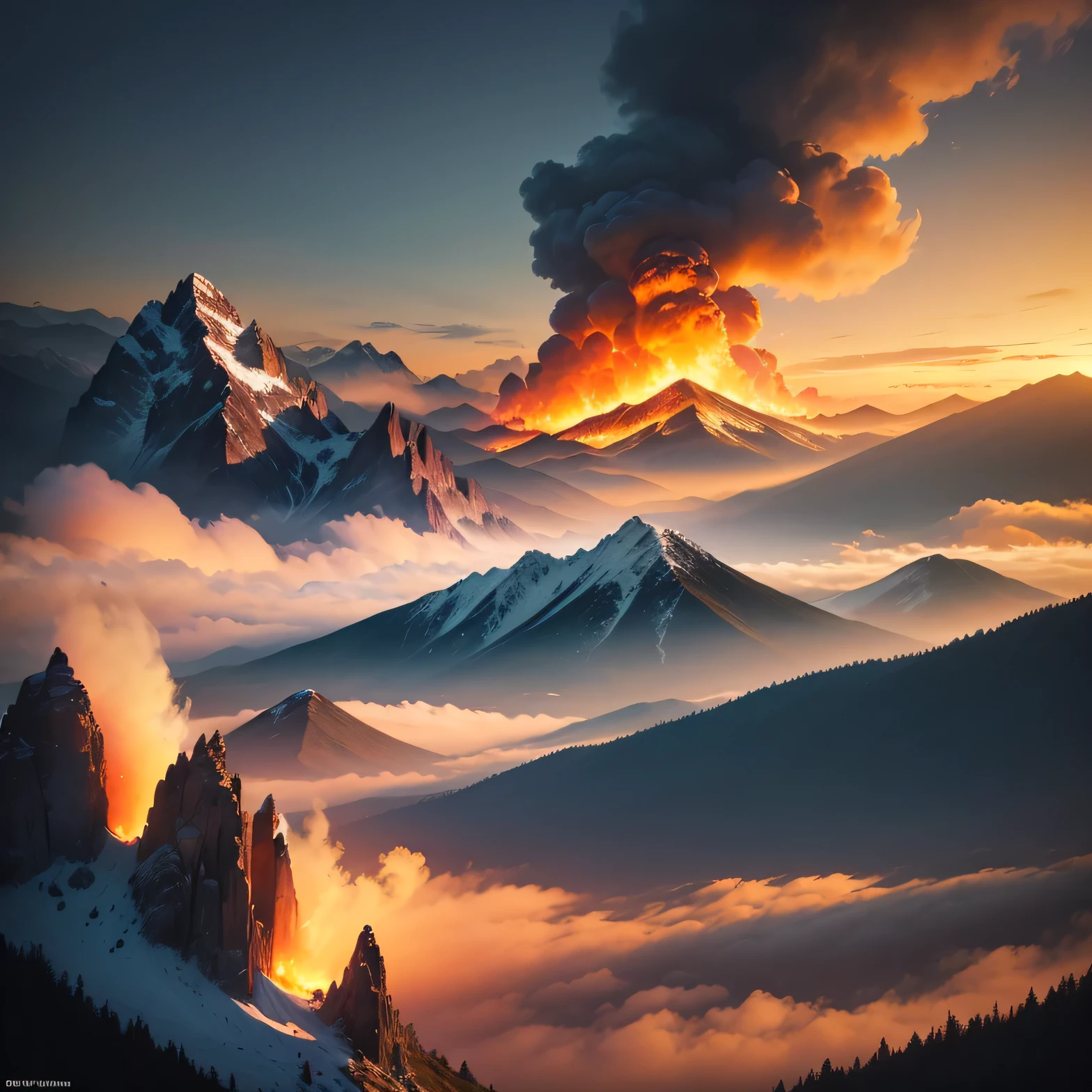 (Best quality,4K,8K,A high resolution,Masterpiece:1.2),Ultra-detailed,(Realistic,Photorealistic,photo-realistic:1.37), mountains and clouds, yellow clouds on fire, sunset, yellow sky.High mountain ranges, clouds below mountains, mountains on fire, wild fire, wildfire, highest mountain on fire, lots of clouds, dense clouds, dense fog