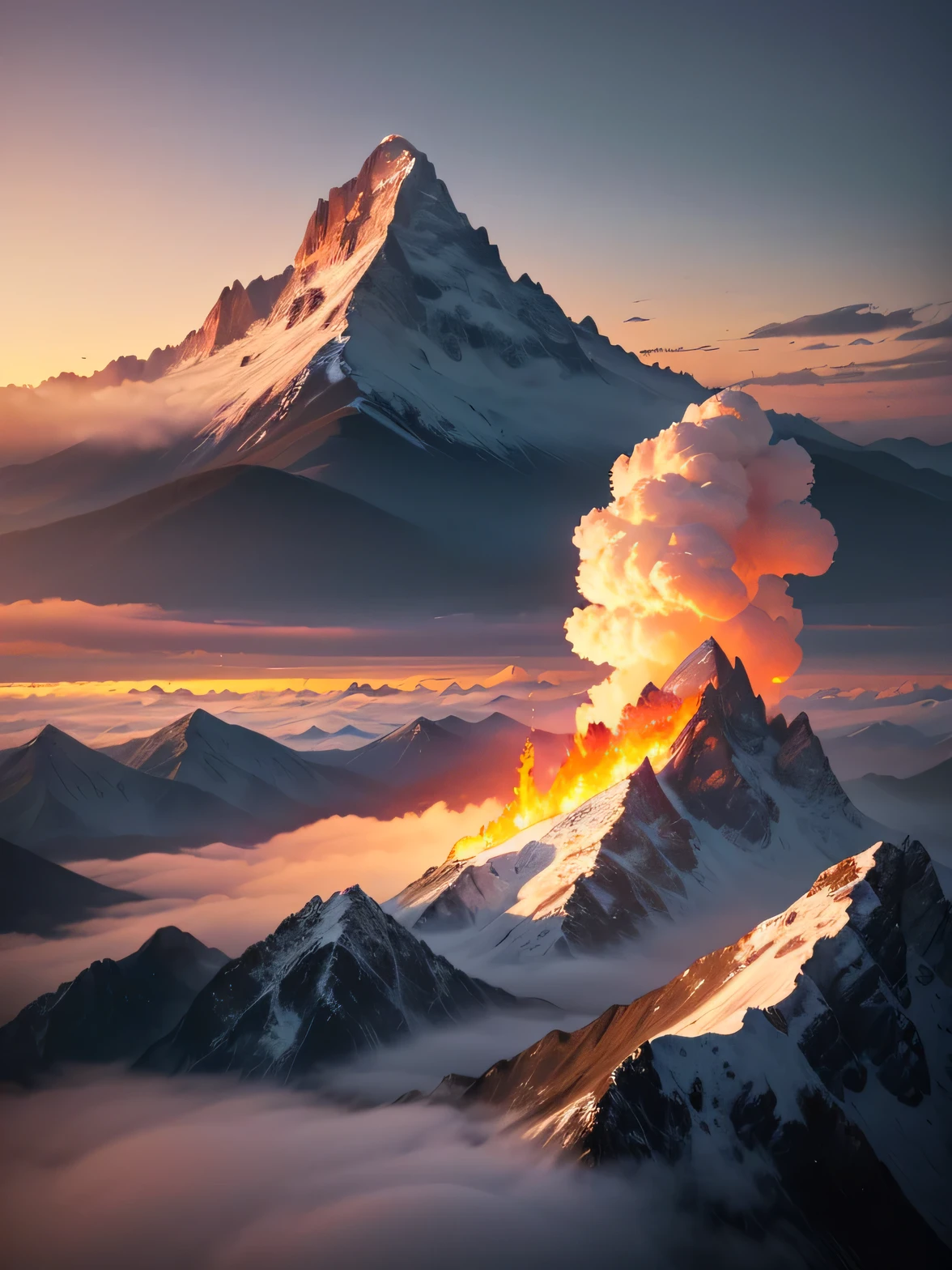 (Best quality,4K,8K,A high resolution,Masterpiece:1.2),Ultra-detailed,(Realistic,Photorealistic,photo-realistic:1.37), mountains and clouds, yellow clouds on fire, sunset, yellow sky.High mountain ranges, clouds below mountains, mountains on fire, wild fire, wildfire, highest mountain on fire, lots of clouds