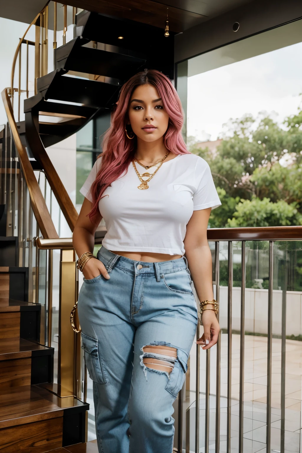 latina woman, pink hair, curvy body, size 14 standing on a staircase in a chic and modern home interior. The woman is styled in a white tee and baggy denim pants with cargo pockets and distressed details. Her outfit is accessorized with a statement gold chain necklace, multiple bracelets, and a watch, enhancing the luxurious feel. The staircase has a sleek design with glass balustrades and dark wood steps, --ar 2:3 --stylize 250 --v 6