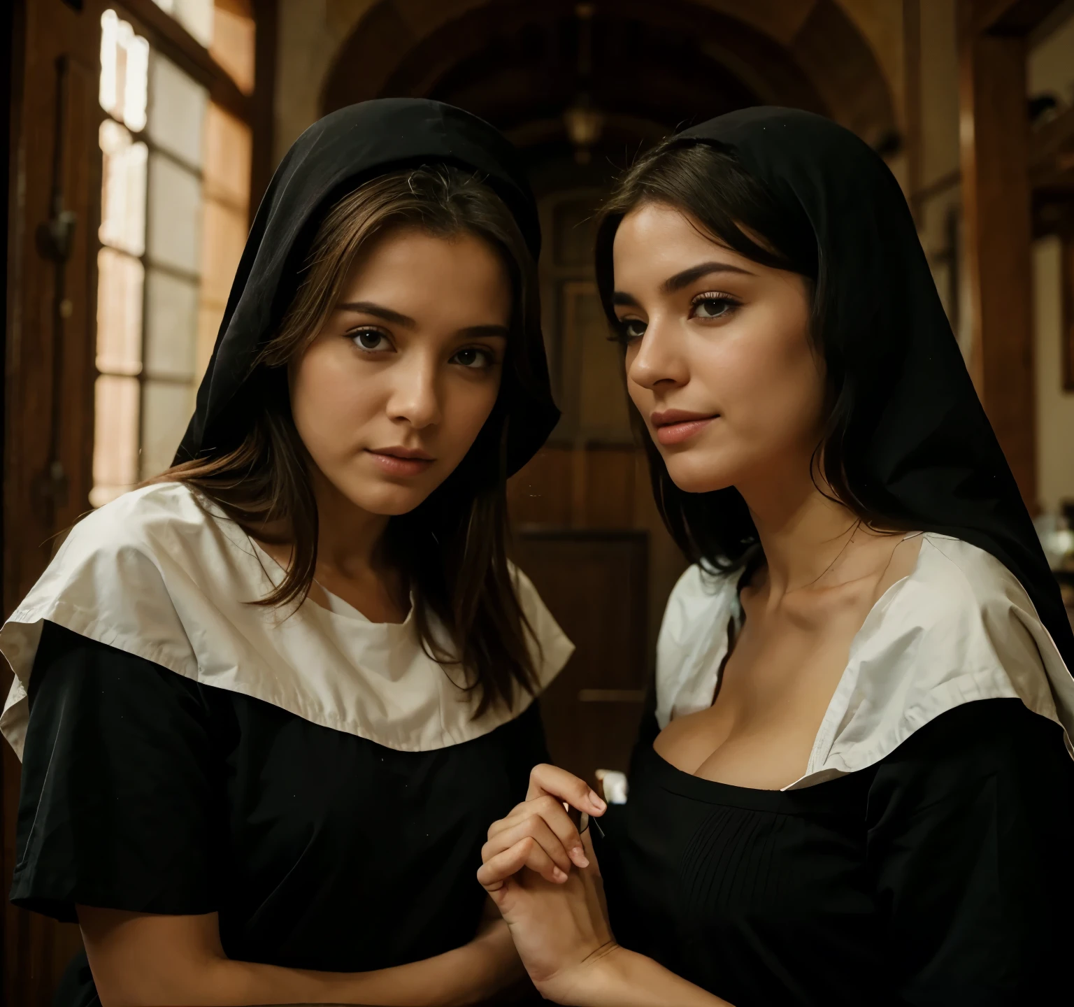 three girls, masterpiece,best qualtiy,hdr, hyper HD, 8K,Bokeh,Ultra-fine painting,Sharp focus,Physically-based rendering,Extreme detail description,full-body photo, in a monastary, looking at viewer, (big breasts:1.3), (kissing:1.2), dressed like a nun, (hugging from behind:1.2), sexy smile, choker, (long wolf_cut hair), (EOS R8, 50 millimeters, F1.2, 8K, RAW photo:1.2), photograph by arny freytag