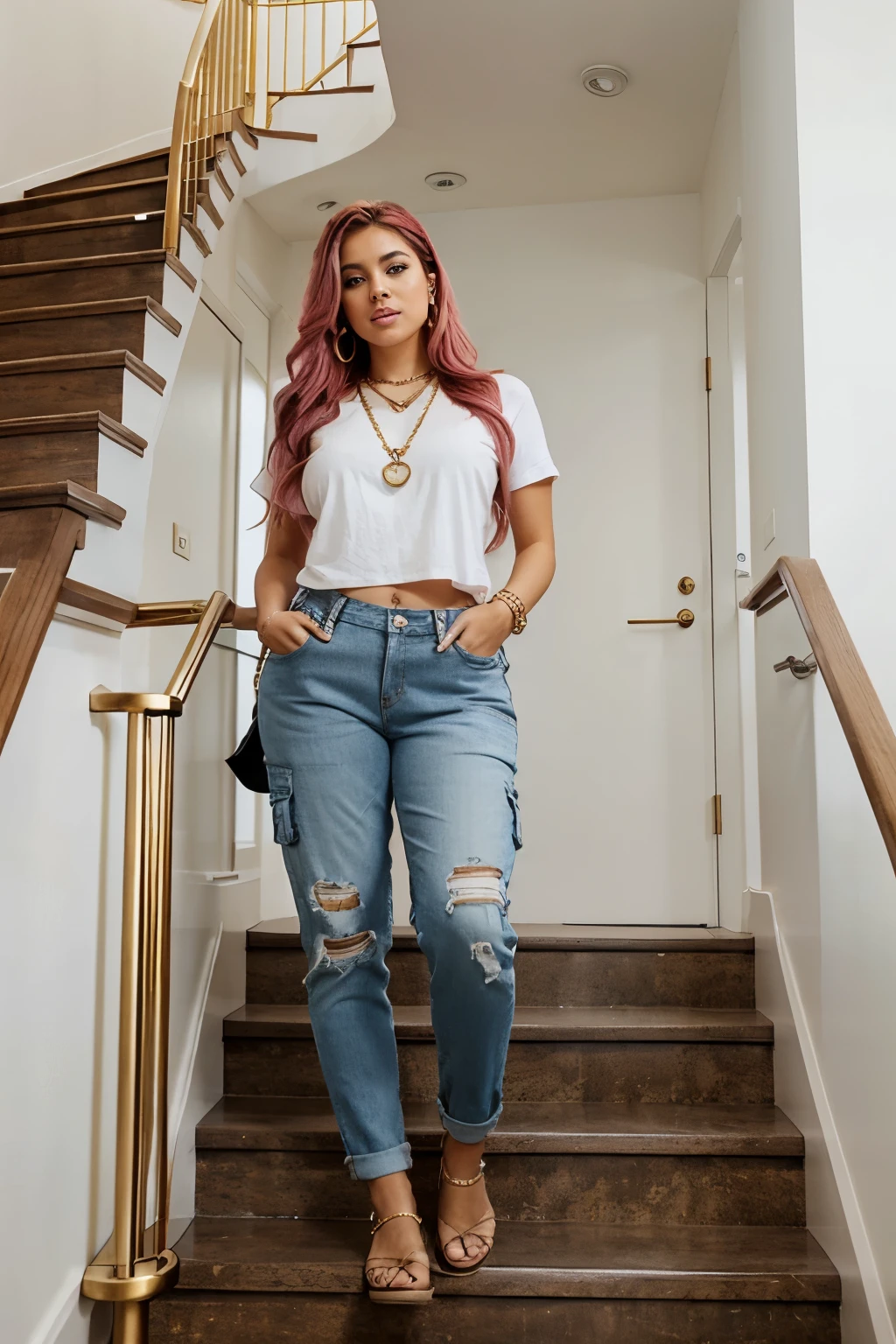 latina woman, pink hair, curvy body, size 14 standing on a staircase in a chic and modern home interior. The woman is styled in a white tee and baggy denim pants with cargo pockets and distressed details. Her outfit is accessorized with a statement gold chain necklace, multiple bracelets, and a watch, enhancing the luxurious feel. The staircase has a sleek design with glass balustrades and dark wood steps, --ar 2:3 --stylize 250 --v 6