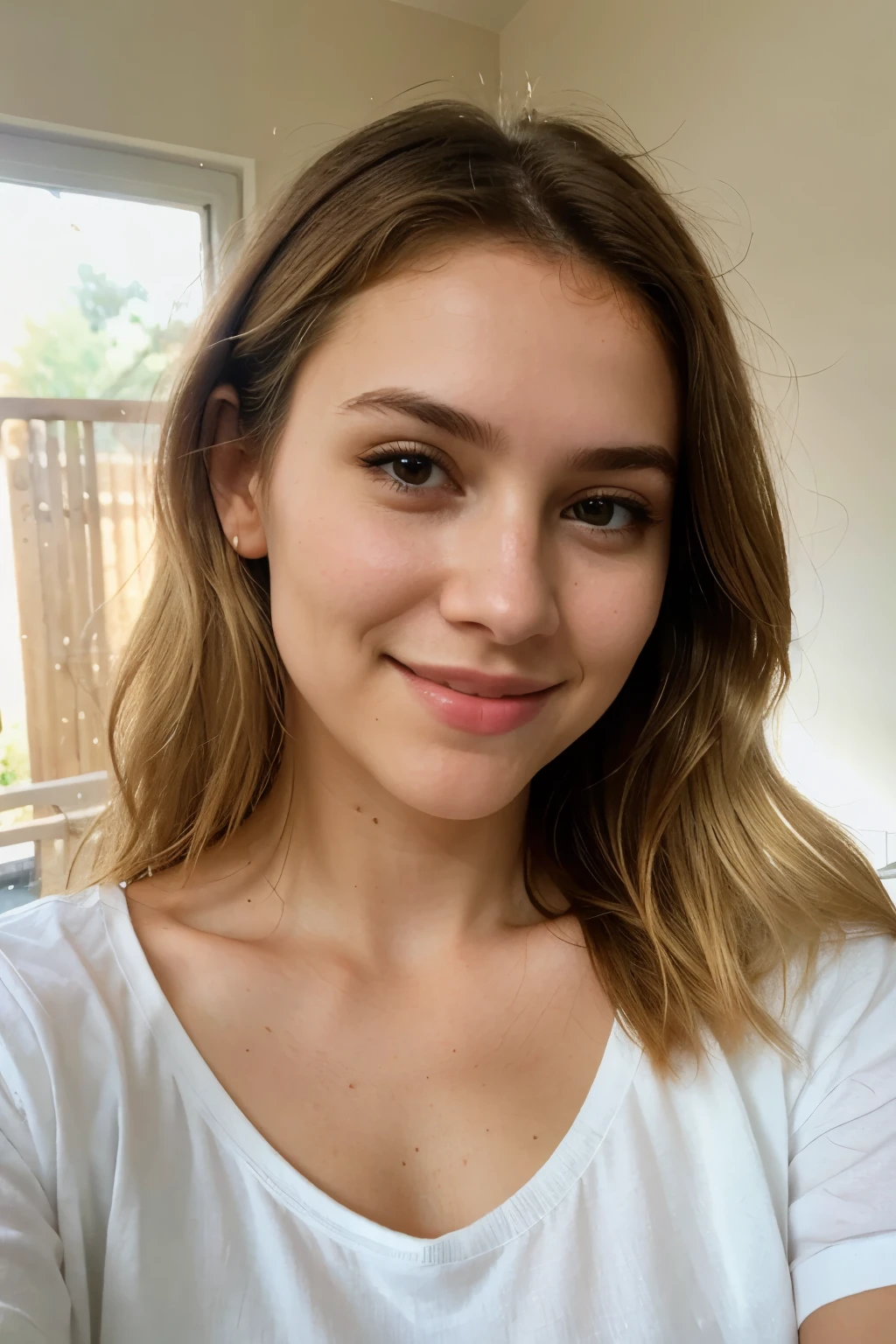 photorealistic, best quality, hyper detailed, natural amateur selfie, selfie, beautiful slim young woman, natural subtle makeup, natural light blond hair, selfie, wearing a white tshirt, headshot only, sweetest closed lipped smile, at home, indoors, golden hour, turned to camera, (focused),very sweet closed lipped smile, skin texture , ultra high res, best shadow, RAW, instagram LUT