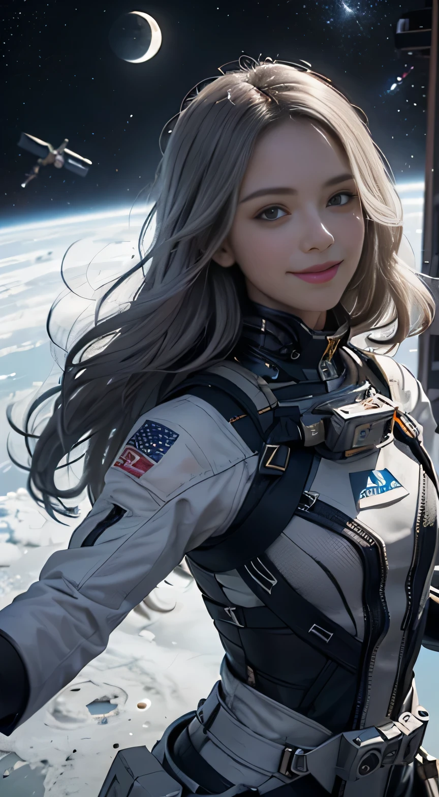 arafed image of a woman, instagram, happening, smiling down from above, looking up at camera, floating in mid - air, floating in the space, face looking skyward, floating in zero gravity, moon in background, upper body, floating in space, gray hair. messy hair