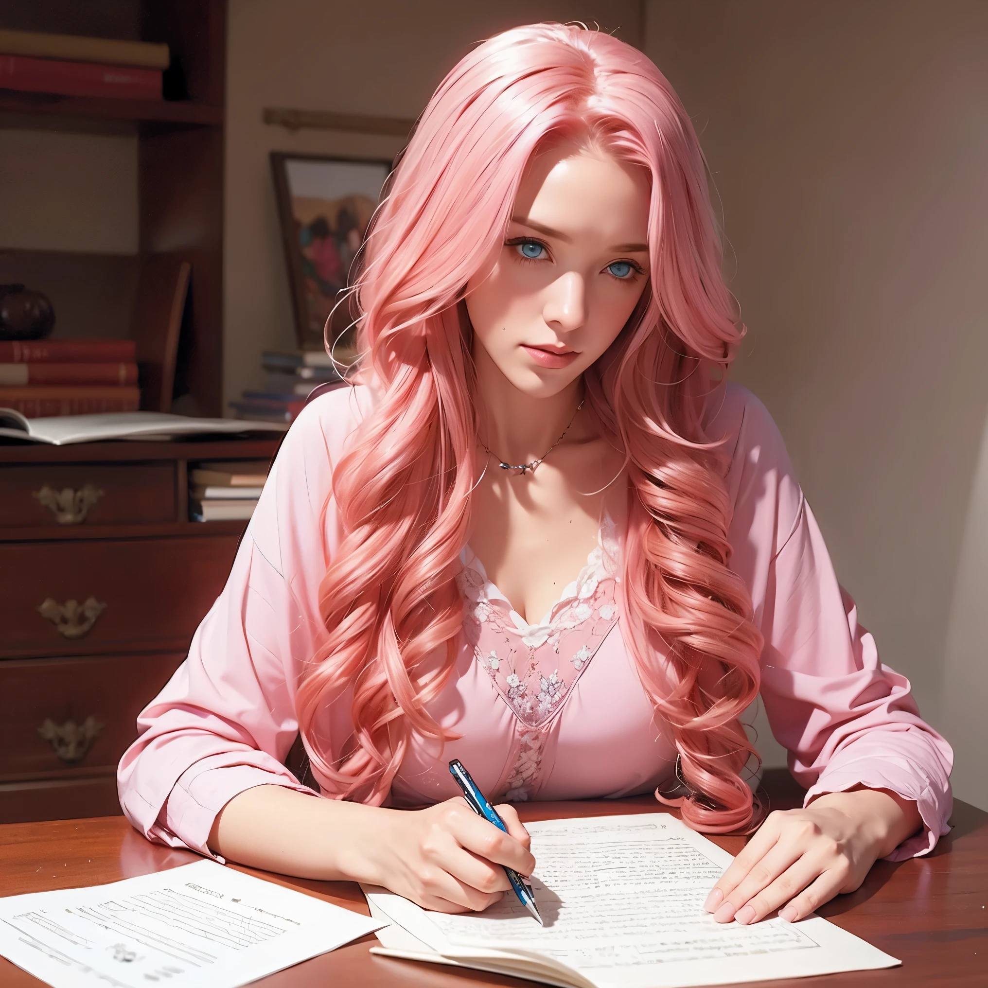 Woman, long curly hair, pink hair, blue eyes, medieval, office, alone, writing , Writing on paper, pencil