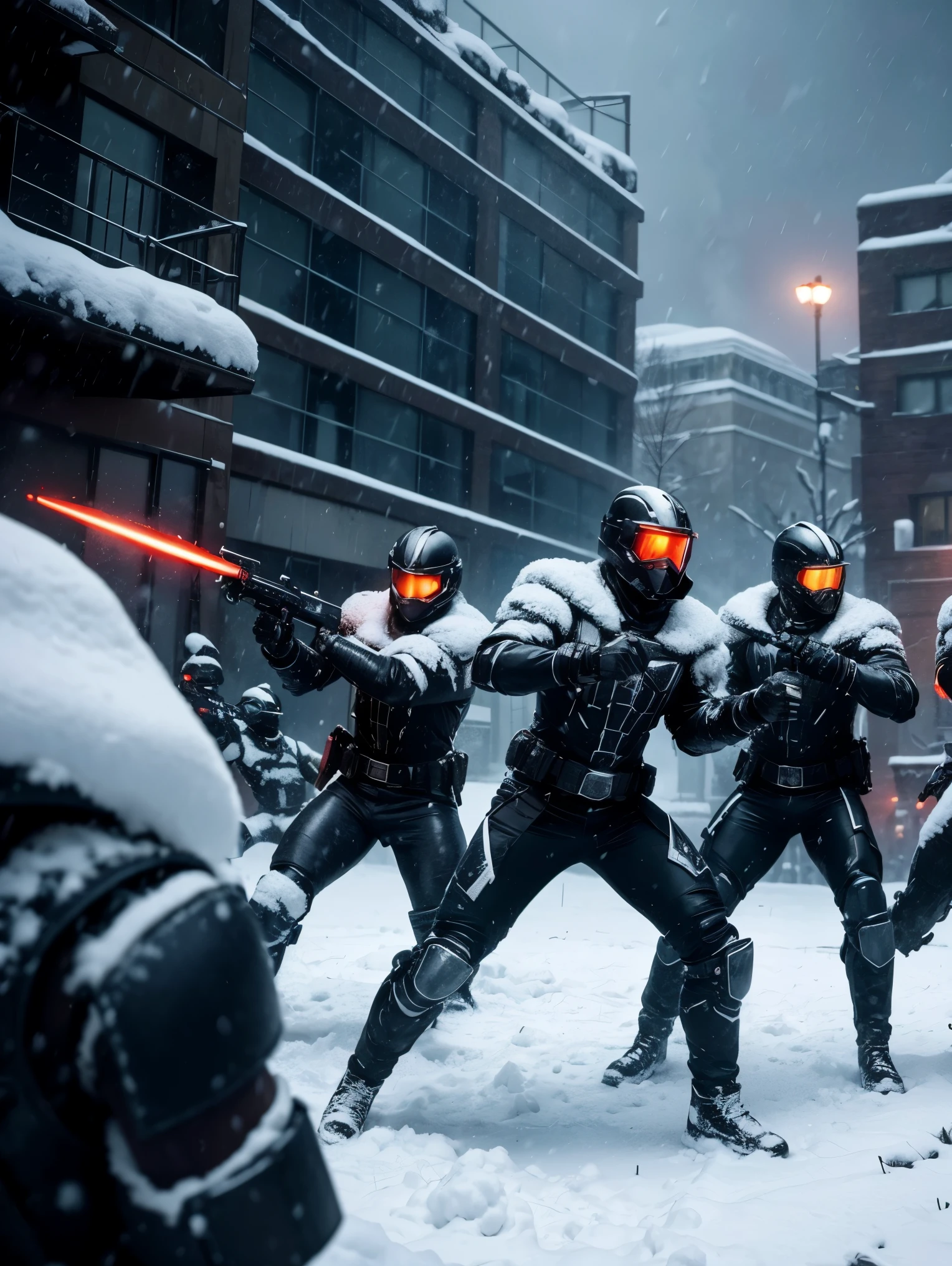 4 Warriors in action pose. In a snowy landscape, snow storm. They wear black cyberpunk combat armors with helmets. Masterpiece, UHD, ultra realistic