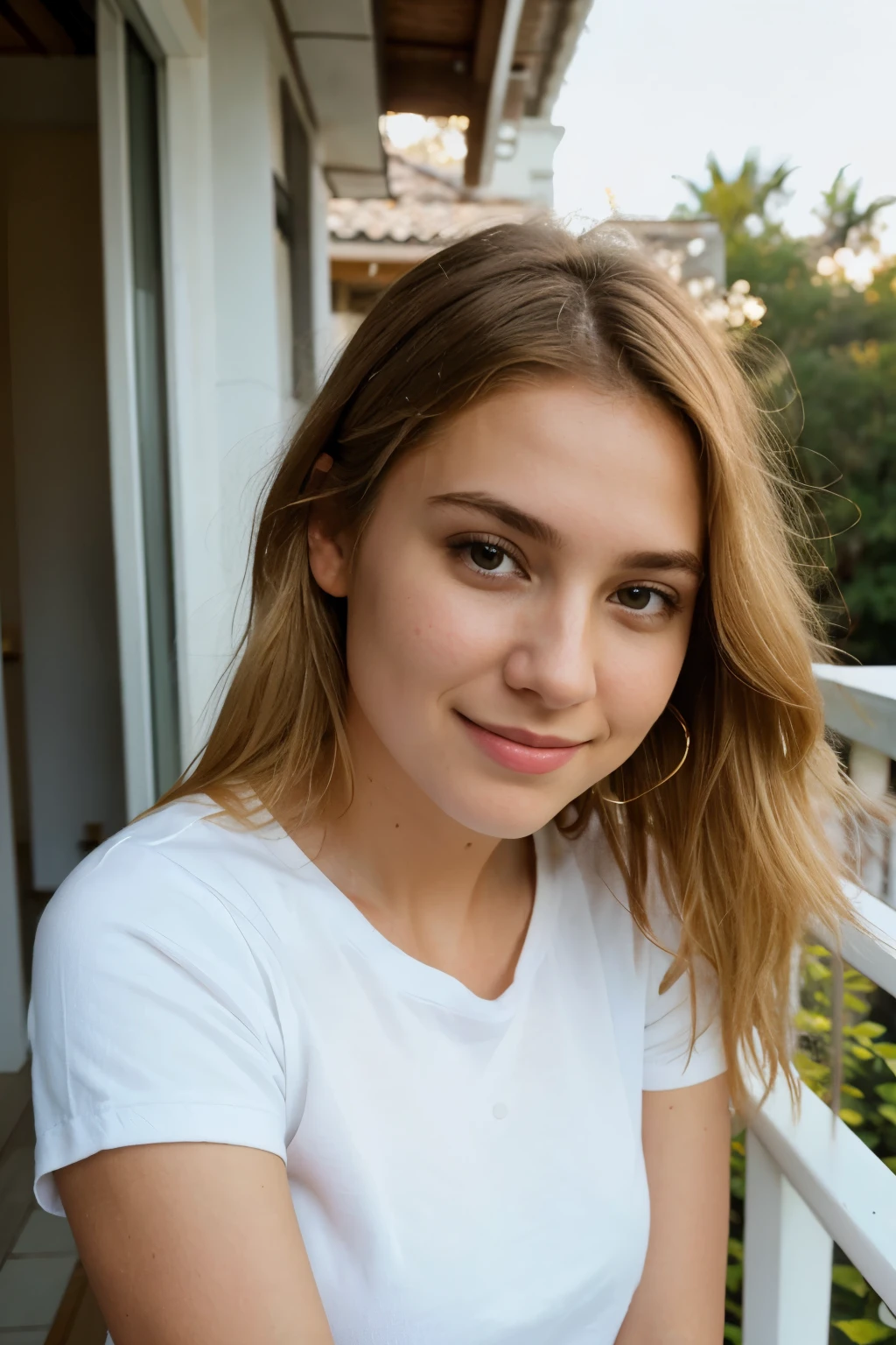 photorealistic, best quality, hyper detailed, natural amateur selfie, selfie, beautiful slim young woman, natural subtle makeup, natural light blond hair, selfie, wearing a white tshirt, headshot only, sweetest closed lipped smile, at home, on the balcony, golden hour, turned to camera, (focused),very sweet closed lipped smile, skin texture , ultra high res, best shadow, RAW, instagram LUT