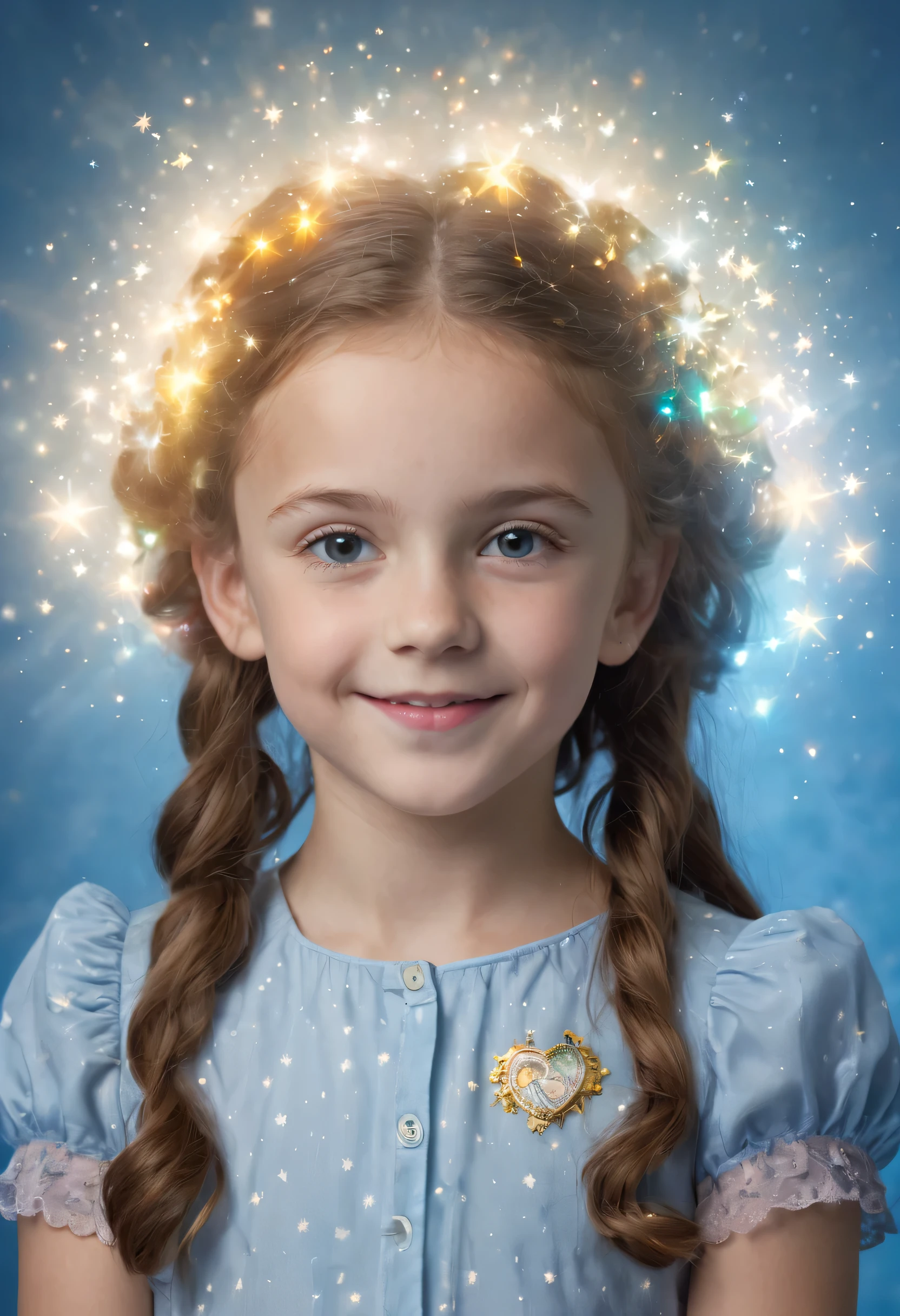 10-year-old Mina Shakespeare posing for her school picture - Sparkling, Sky blue Background, professional quality studio 8x10 UHD Digital photograph by Scott Kendall - multicolored spotlight, Photorealistic, realistic stock photo, Professional quality Photograph. colored Fog - Multicolored lightning, 3D bubbles, hearts, stars, clovers