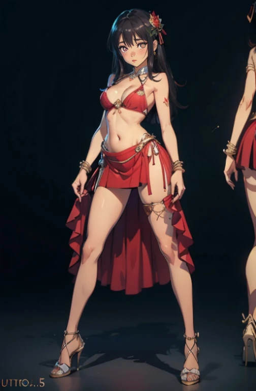 Dynamic poses, ultra detail, small breast, top quality, masterpiece,detail face, top quality, jewellery, elegant, blush, navel, six pack, body goals:1.5, hair ornament, full body shot, 1female,(Very detailed CG unity 8K wallpaper),best qualtiy,cinematic lighting,beatiful detailed eyes,Bright pupil,Redlip(Very fine and beautiful),(Beautiful and detailed eye description),ultra - detailed,masterpiece,), exposed cleavage, tight skirt, stocking:1.5, handsock:1.2, multiple views