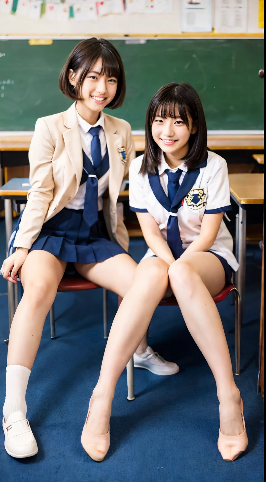 NSFW,Two girls sitting in front of each other in the night school class room、18-year-old、spreading legs、flat chest,leg、both knees、nude、between legs、short hair,between legsを開いてcrotchを見せてくれる、white panties,full body shot、((a little smiles))、tits,gyaru make,school uniform