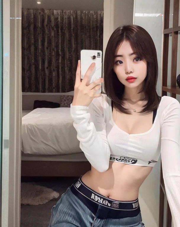there is a woman taking a selfie in a mirror, muchacha coreana, hermosa joven coreana, traje ajustado blanco liso, hermosa mujer surcoreana, 2 4 year old female model, ulzzang, hermosa joven coreana, modelo de instagram, foto de chica delgada model, su ombligo esta expuesto, foto de chica delgada, vistiendo un top corto sexy