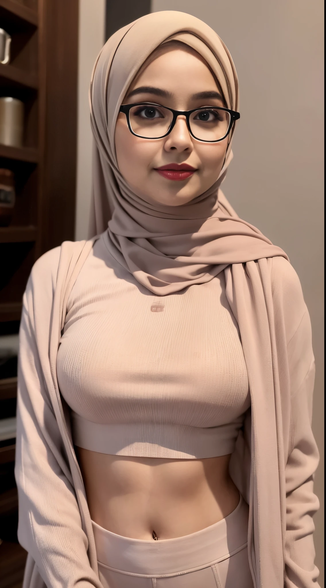 Beautiful Indonesian sexy girl, using grey hijab, using maroon long sleeve t-shirts, opened on breast, topless, wearing gold glasses, big breast, long khaki skirt, sexy smiles, full body