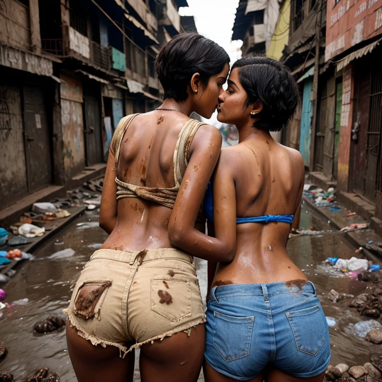 Desi teenage girl kissing her friend in dharavi slum. Covered in poop. Short hair. Dirty butt. Back shot 