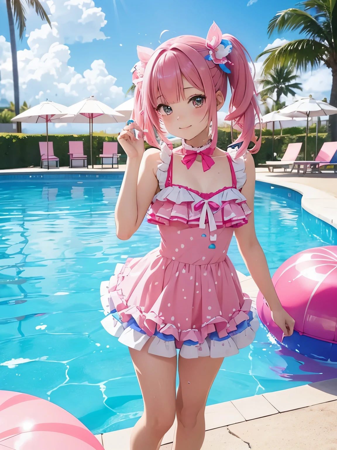 Imagine an anime girl with vibrant bubblegum-pink hair styled in playful pigtails, capturing the essence of a sweet ta aesthetic. Her swimsuit, inspired by candyland colors, features a playful mix of pastel pinks, blues, and purples with candy-shaped embellishments. Posing in a colorful pool filled with oversized candy floats, she stands with a candy-striped parasol. The swimsuit has candy-themed details and lace trims, and her expression is one of sugary sweetness, embodying the whimsy of a candyland Loliwimsuit.