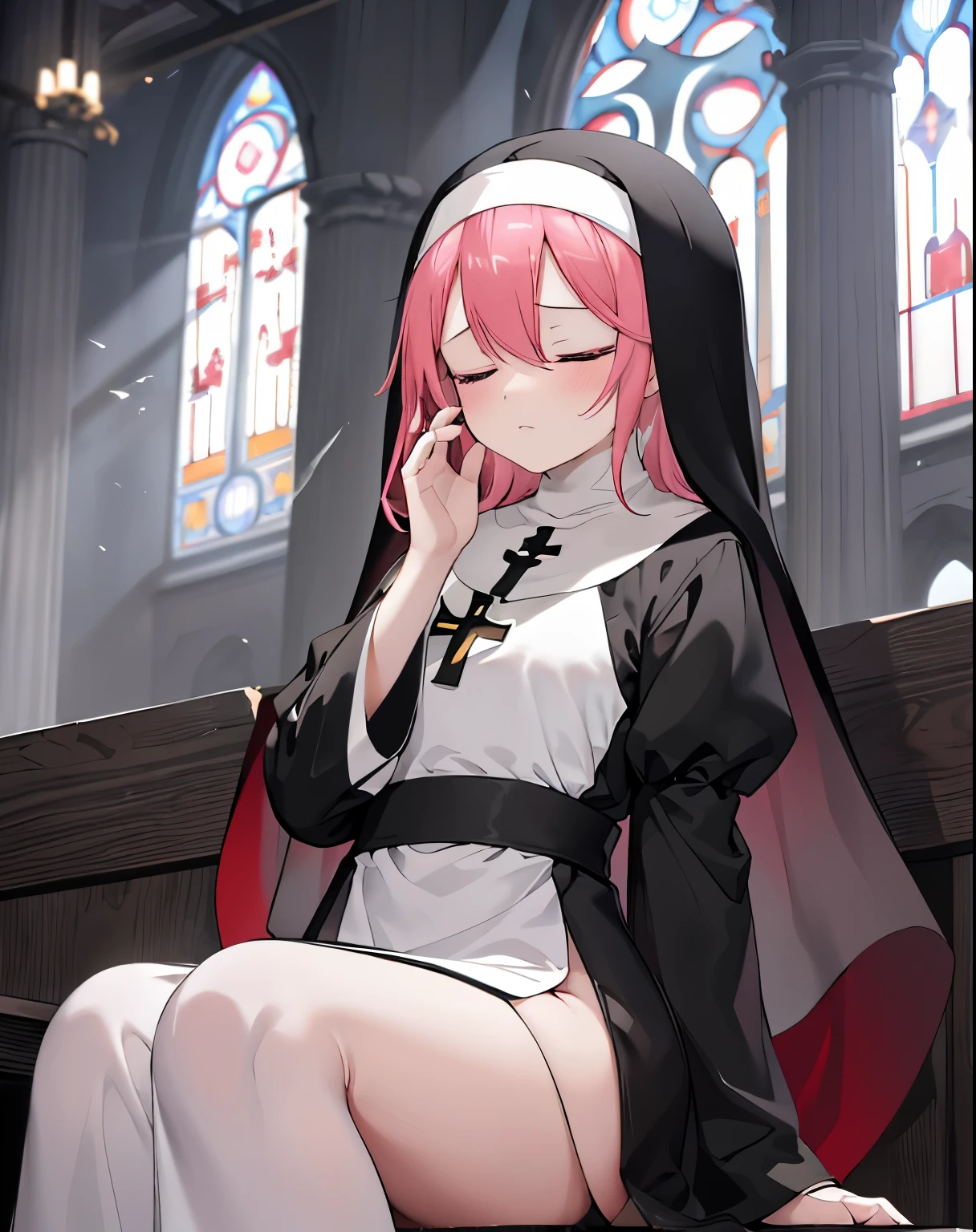 (masutepiece, Best Quality, hight resolution, super detailed drawing), NSFW, , After , Spread , (1girl in, Solo, nun), Cute Girl, Beautiful blue eyes, Pink Long Hair, Bottomless, Golden Rosary, blush, looking distantly, ((Looking away, sad empty eyes, deadpan, Parted lips, weak limbs, laying on back)), Perfect , (cum in , cum on the body, excessive cum in, Sweat, From  above, Full body), Indoor, dilapidated church, scattered candles