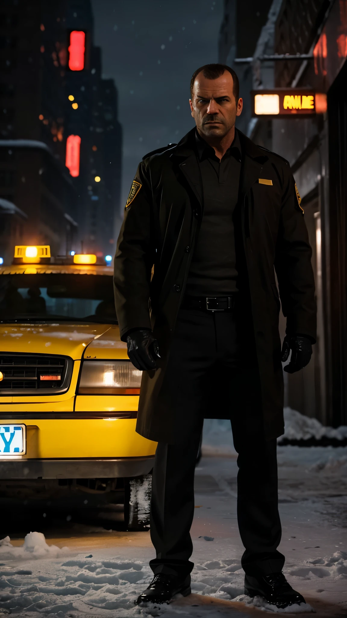 create a gta 5 loading screen artwork of Max Payne from Max Payne 1. Take reference from all GTA artwork. Make it detailed and dramatic with studio lighting. Take reference from Max Payne series artwork. Setting is New York City wintertime. The mood is noir and dramatically melancholic. Add snow to the image and yellow cab taxi in the background. Add NYPD police cars and SWAT team and FBI agents to the image. Convey a sense of grief and vengeance.