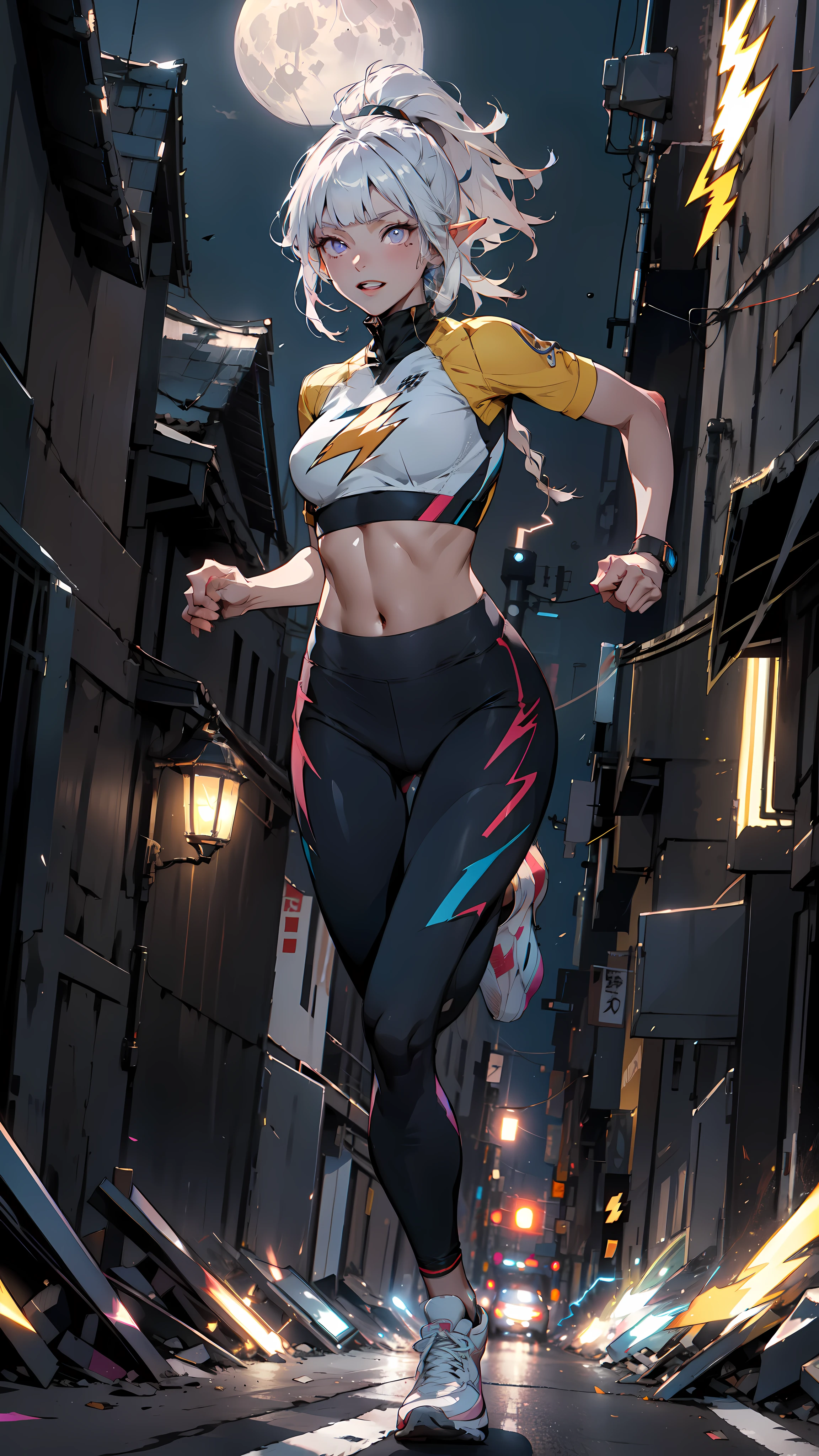 ((masterpiece)), (top quality), (best quality), ((ultra-detailed, 8k quality)), Aesthetics, Cinematic lighting, (detailed line art), absurdres, (best composition), (high-resolution), (Ray tracing),
BREAK,
A very cute of ((dark elf girl)), (White and lemon yellow lined Jersey), sports leggings, sneakers, she ((sprints)), ((running)), lighting, light trails, (motion blur), lightning motif, lightning, a burst of electricity, she sprints, super speed, speed that leaves an afterimage, sprinter, speedster, ((low-angle shot following athletes' movements)), ((atmospheric perspective )), cinematic dramatic atmosphere, big city roads, ((City of night)), ((night)), (full moon: 1.2),
BREAK,
highly detailed of (dark elf), (1girl), solo, perfect face, details eye, ahoge, French braids, long sideburns, ponytail, (white shining hair), (hime cut bangs), medium hair, (violet eyes), shining eyes, (beautiful detailed eyelashes, eyeshadow, pink eyeshadow), grin and laugh, Concept art by Mikimoto Haruhiko, by Kawacy, By Yoshitaka Amano,
BREAK,
((perfect anatomy)), perfect body, Abs, (medium breast), perfect hands, perfect face, beautiful face, beautiful eyes, perfect eyes, (perfect fingers, deatailed fingers), correct anatomy, perfect legs, ((dark skin:1.2))