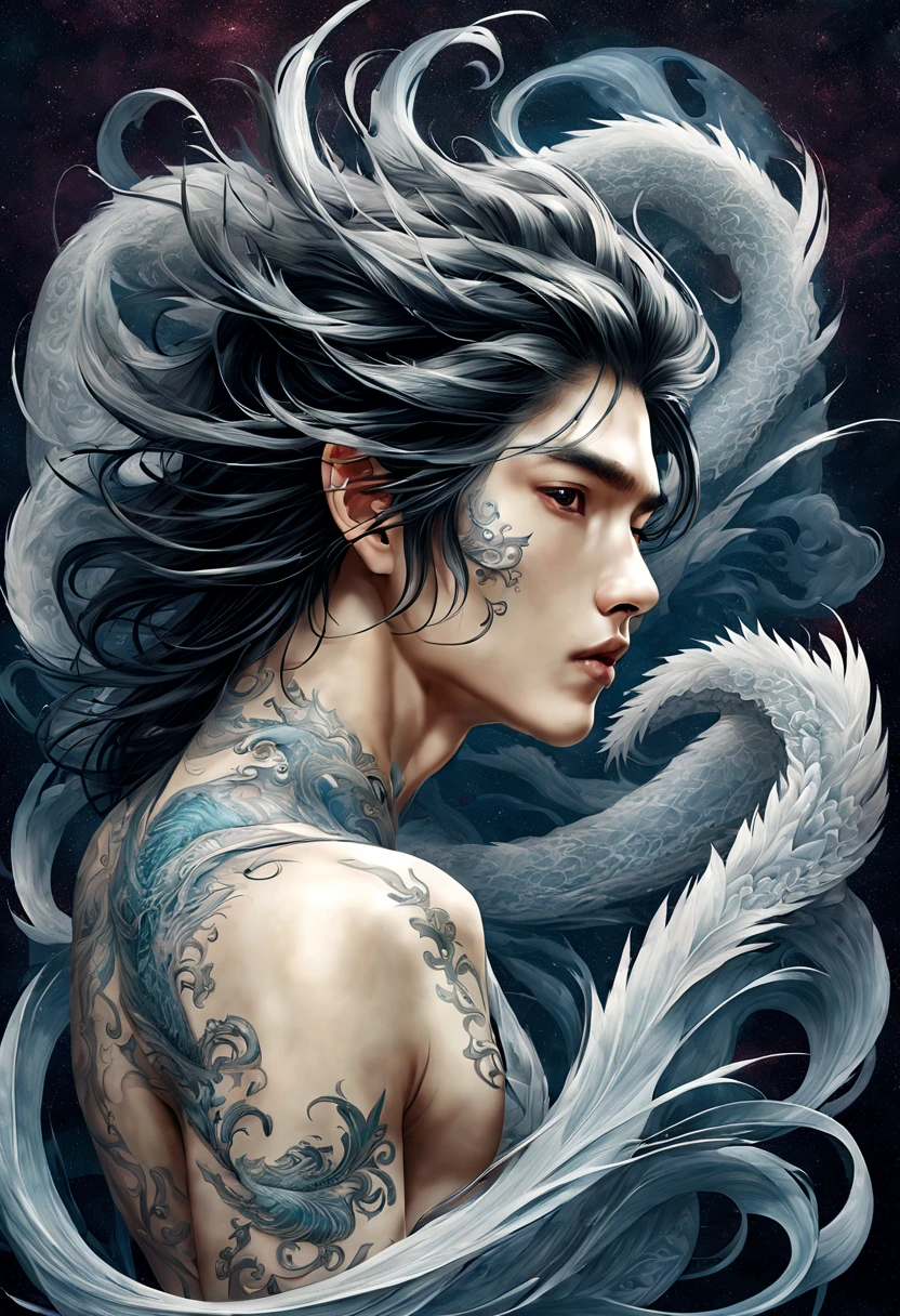 tattoo, anime korean/thai 20 year old male model, long black whisp hair, high quality, super realistic, Envision a hyper-realistic composition that seamlessly integrates the exquisite detail of dreamlike elegance, creating a beautiful back view portrait where realism and Art Nouveau mystique converge, striking thai male model is depicted against a backdrop of silvery swirling patterns, silvery ornamental dragon tattoo designs, adorned in flowing garments that echo romantic style, with intricate patterns intertwining seamlessly with the hyper-realistic details of his attire, highly detailed,