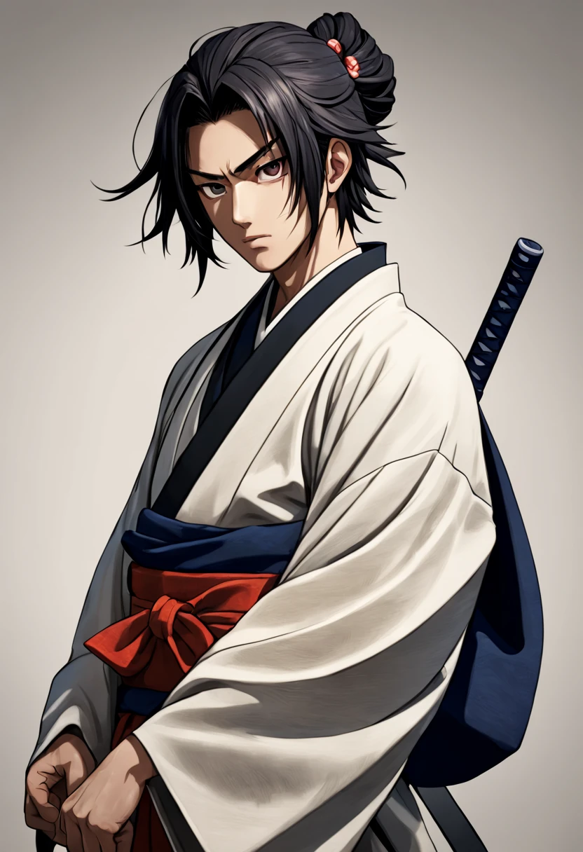 Estilo anime japones, Young male swordsman from the Edo Period, cabelos escuros e despenteados pelo vento caem sobre seu rosto, olhos frios, postura de batalha,perfect hand, contraste de luz e sombra, personagem principal, rofundidade de campo 1.5 ((( He's a male character))) , de vestes simples e informais; ele parece um pouco incivilizado e convencido. Your cloak must be a traditional Kimono from the feudal period of Japan.; algo desgastado pelo tempo, and that shows signs of a lonely journey. Cabelos escuros e despenteados pelo vento caem sobre seu rosto, creating a curtain that hides your expressions, His eyes reveal coldness and deep determination, Your posture is relaxed, But there's an innate alertness in your movements. Agile, calloused hands rest at the sides of the body, certifique-se de capturar a dualidade de simplicidade e complexidade, His dream is to become a great Swordsman. Seu rosto deve ser perfeito, and free from imperfections; It is crucial that the character is ALONE in the image, Don't create a too fanciful scene, Focus on the issue that he is in ancient feudal Japan, in the Samurai period, com um kimono preto na chuva, modelos yasuke 5 0 0 px, inspirado em Yamagata Hiro, inspirado em Nishikawa Sukenobu, inspirado em Gigado Ashiyuki, vestindo um manto escuro, sui ishida com cabelo preto, vestindo um manto preto, vestindo um manto de seda escuro, em um quimono, Espadachim do Periodo Edo, Also make sure, that the image did not have flaws or unnecessary scribbles, os olhos do personagem precisam sem bem desenhados; o tom dos olhos deve ser castanho escuro, nenhum detalhe no desenho deve ser disproporcional ou mal elaborada, foque simulteneamente em cada detalhe de maneira individual, ((( perfect hand ))) , professional designer traits