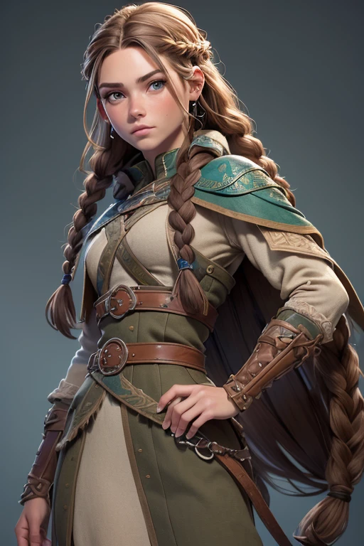 (Obra maestra, La mejor calidad) (young warrior woman of nordic descent), (ojos verdes), (Muscular), (falda de piel), (brown hair color),(loose hair with small braids on the scalp), (top con correa de cuero) plumas, capa sobre el hombro, bufas, (azul, gray and brown suit).