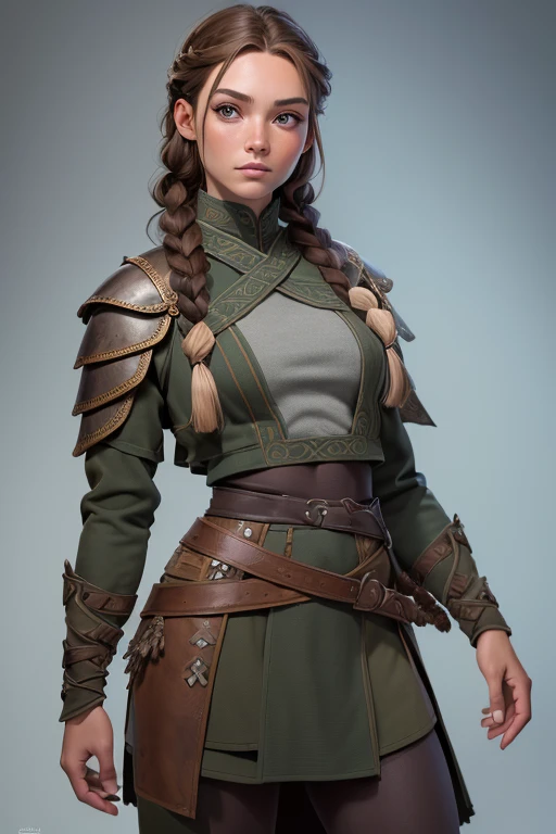 (Obra maestra, La mejor calidad) (young warrior woman of nordic descent), (ojos verdes), (Muscular), (falda de piel), (brown hair color),(loose hair with small braids on the scalp), (top con correa de cuero) plumas, capa sobre el hombro, bufas, (azul, gray and brown suit).