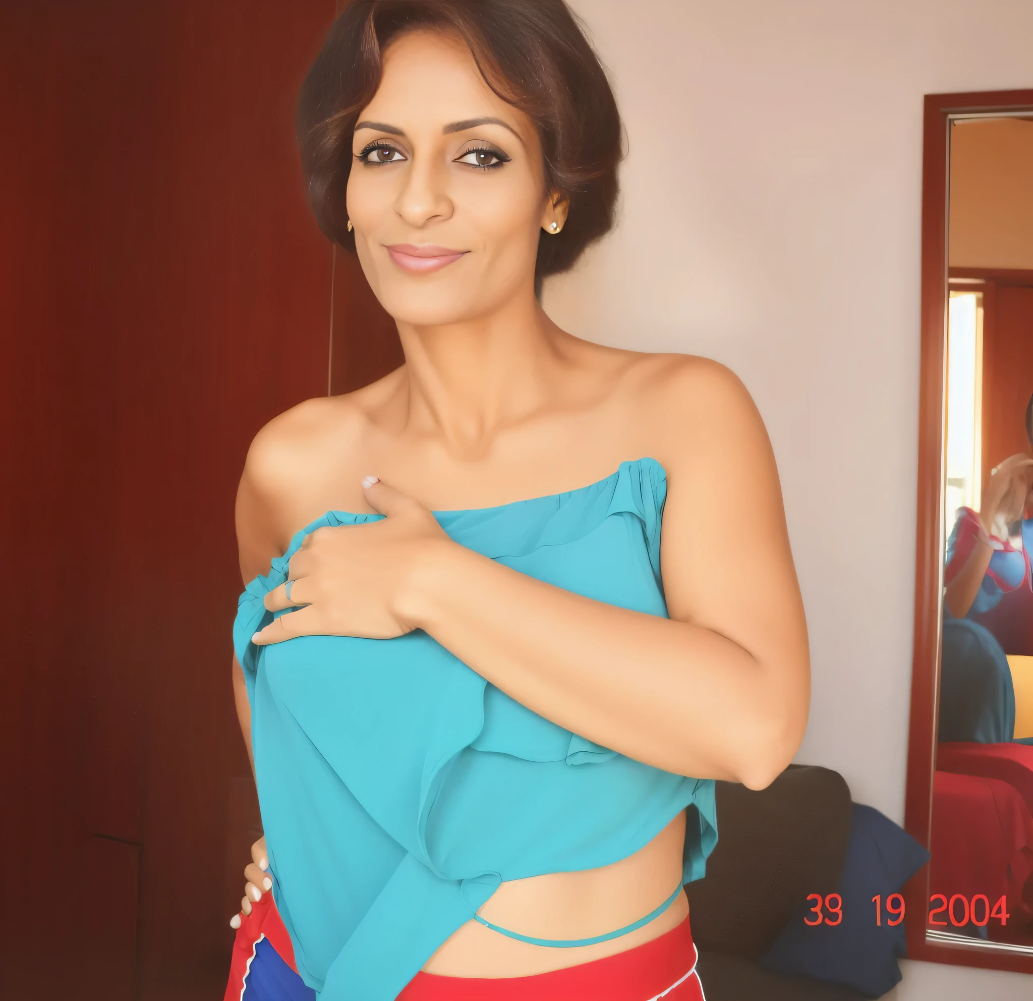 tem uma mulher de blusa azul e short vermelho, tocando suas roupas, seios cobertos e sfw, 30 anos de idade. Brazilian mother, extremamente quente e sexy, roupas reveladoras, Vamos, vestindo uma camisola, posando em Bom. Mulher brasileira na casa dos 30 anos. Ela tem 162 cm de altura e seu corpo pesa 56 kg. Your body exudes glamor and your face is the definition of beauty. pernas bem torneadas. Altamente realista, beautiful lips, sorriso, feeling of lightness and joy, hiperrealismo, pele muito elaborada, olhar direto, trabalho de arte, alta qualidade, grande clareza, high resolution, 8k.