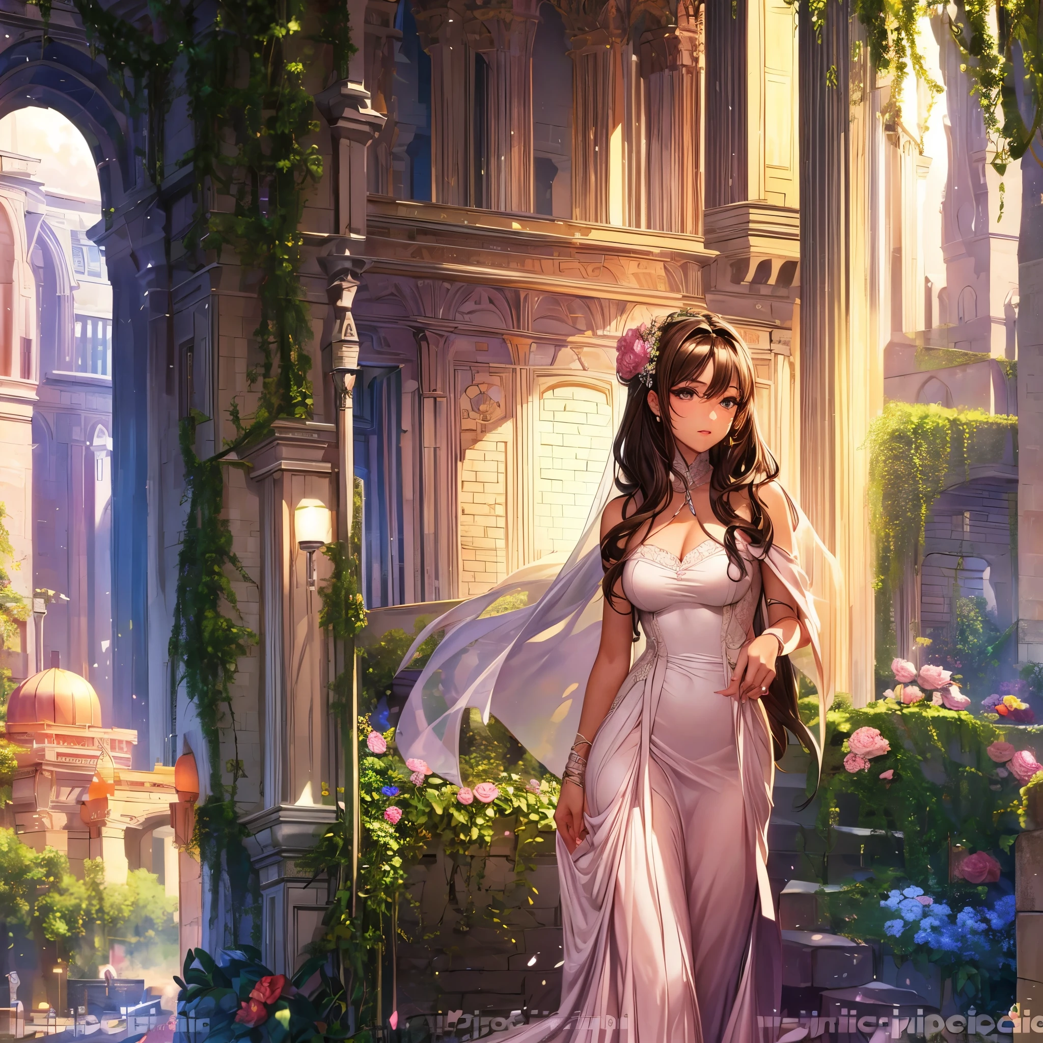 sksbrooke person, sksbrooke, (masterpiece:1.2), (best quality:1.2), perfect eyes, perfect face, 1girl, solo, brown eyes, (medium breasts), perky breasts, seductive look, pink wedding dress with a shawl, walking in the garden, back view