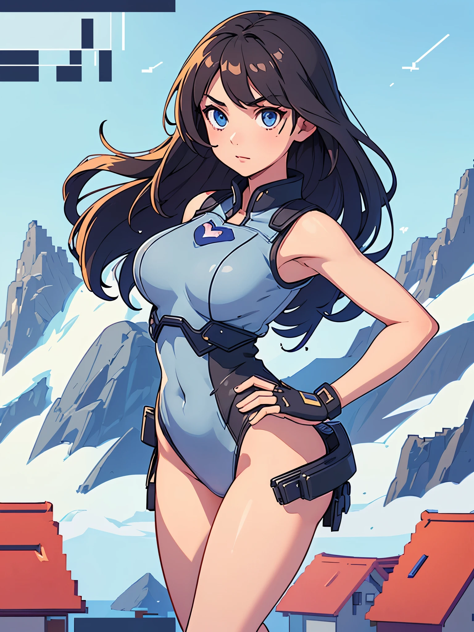 (((pixel-perfect, detail-perfect))), 1girl, pilot, leotard, heart emblem on the chest, bare legs, boots, solo, solo focus, sleeveless, hands on hip, standing, ultra highres, absurdres, beautiful face, detailed eyes, symmetric eyes, perfect body, good proportions, japanese mountain backdrop