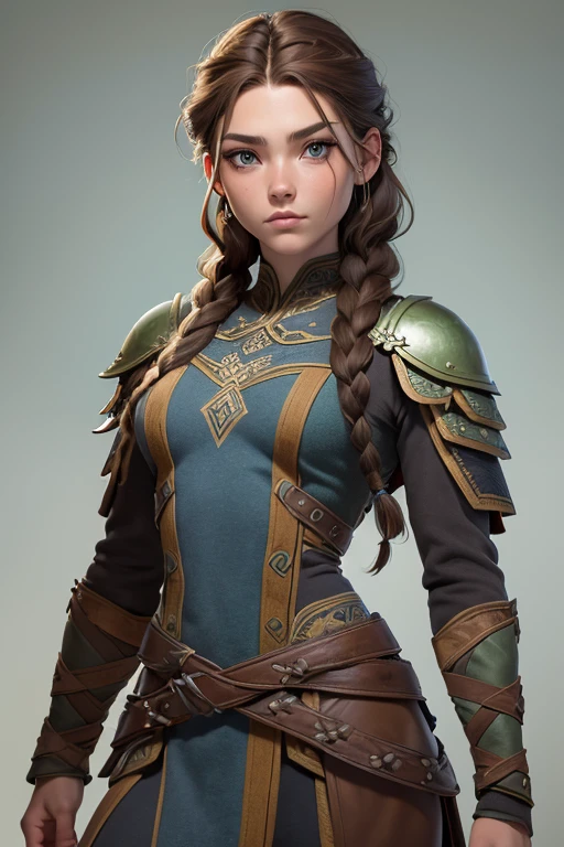 (Obra maestra, La mejor calidad) (young warrior woman of nordic descent), (ojos verdes), (Muscular), (falda de piel), (brown hair color),(loose hair with small braids on the scalp), (top con correa de cuero) plumas, capa sobre el hombro, bufas, (azul, gray and brown suit).