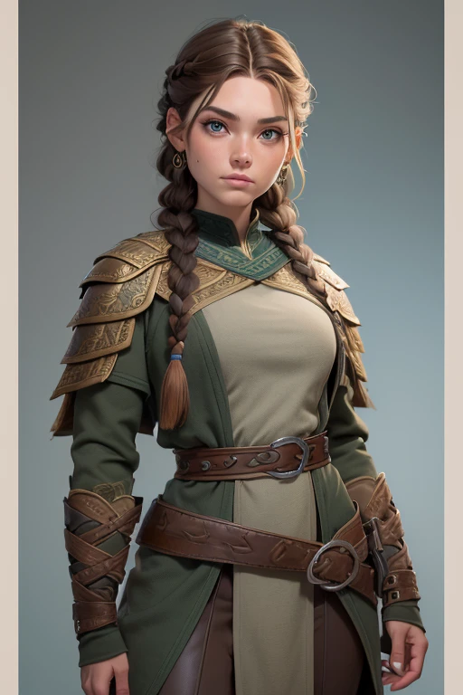 (Obra maestra, La mejor calidad) (young warrior woman of nordic descent), (ojos verdes), (Muscular), (falda de piel), (brown hair color),(loose hair with small braids on the scalp), (top con correa de cuero) plumas, capa sobre el hombro, bufas, (azul, gray and brown suit).