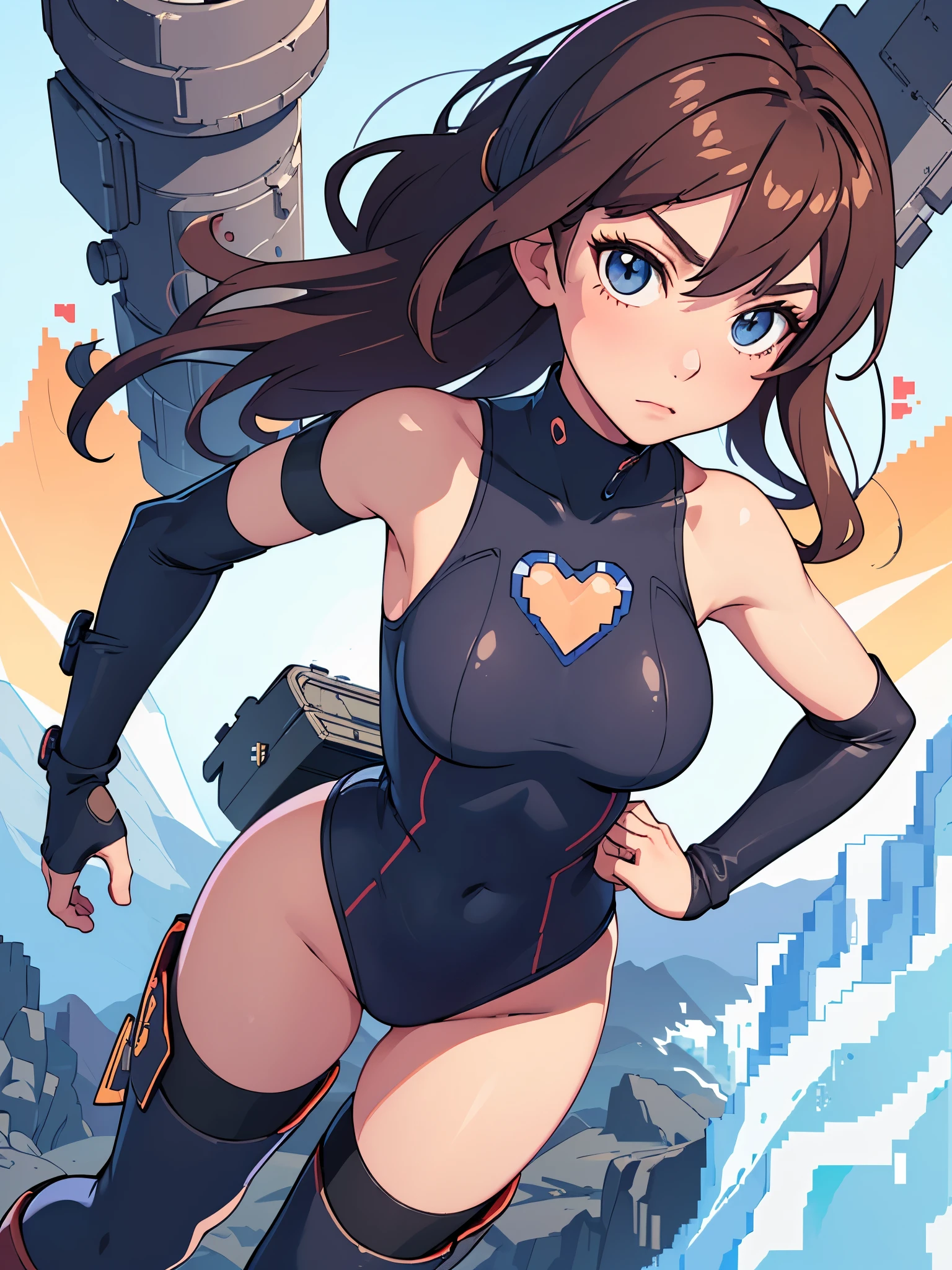 (((pixel-perfect, detail-perfect))), 1girl, pilot, leotard, heart emblem on the chest, bare legs, boots, solo, solo focus, sleeveless, hands on hip, standing, ultra highres, absurdres, beautiful face, detailed eyes, symmetric eyes, perfect body, good proportions, japanese mountain backdrop