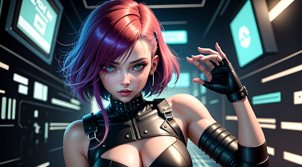 garota cyberpunk, fone de ouvido、🎧、cor colorida do cabelo, cabelo longo, corpo inteiro