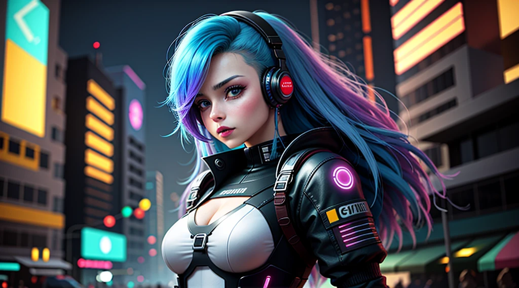 garota cyberpunk, fone de ouvido、🎧、cor colorida do cabelo, cabelo longo, corpo inteiro