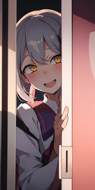 1 girl, (yandere:1.4), (yandere trance:1.4), crazy, Backlight, looking at the viewer, gray hair, yellow eyes, blush, smile,  shining eyes, evil smile, (face with shadow:1.2),His face and upper body are exposed through the door.
