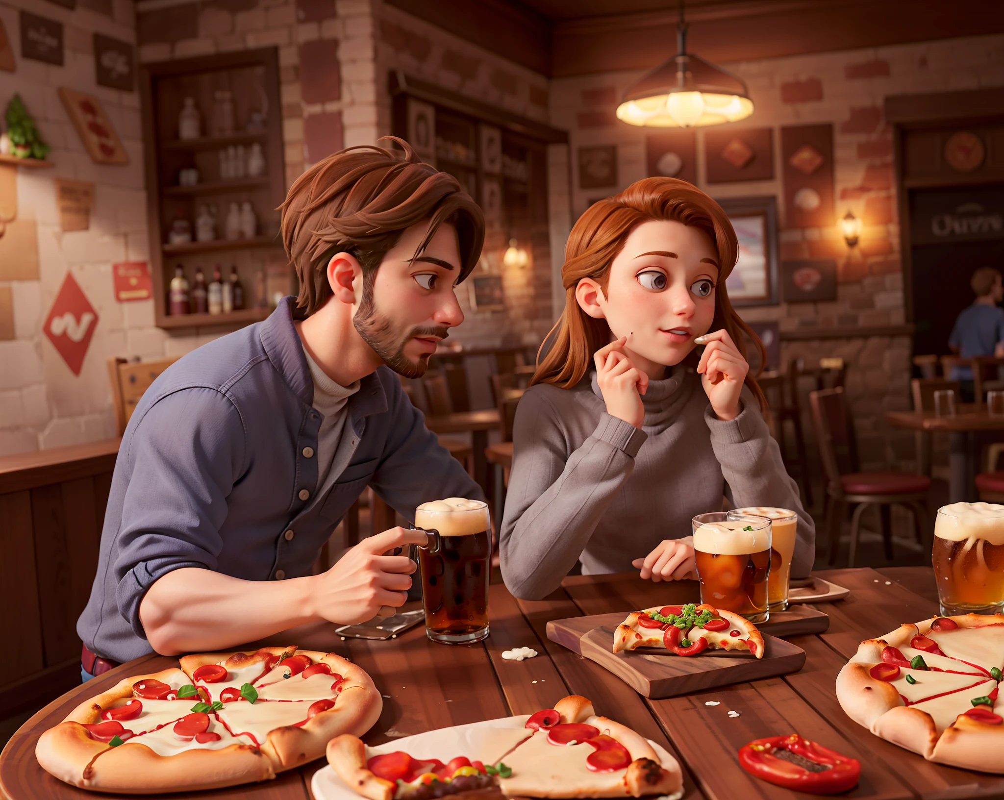 there are two people sitting at a table with pizza and beer, having an awkward dinner date, sharing a pizza, in a pub, Guy has brown hair without beard, girl has blond hair and purple turtleneck,
 in the pub, interesting angle, 2 4 mm iso 8 0 0, 1614572159, by Emma Andijewska