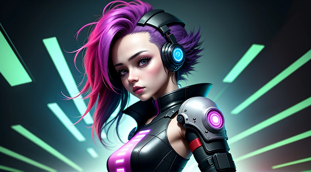 garota cyberpunk, fone de ouvido、🎧、cor colorida do cabelo, cabelo longo, corpo inteiro