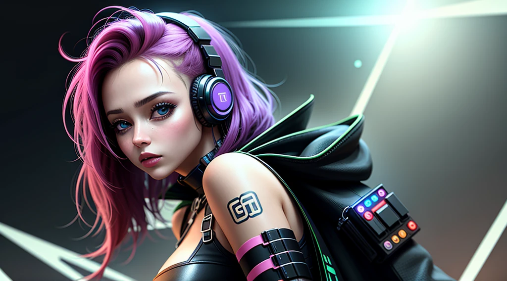 garota cyberpunk, fone de ouvido、🎧、cor colorida do cabelo, cabelo longo, corpo inteiro