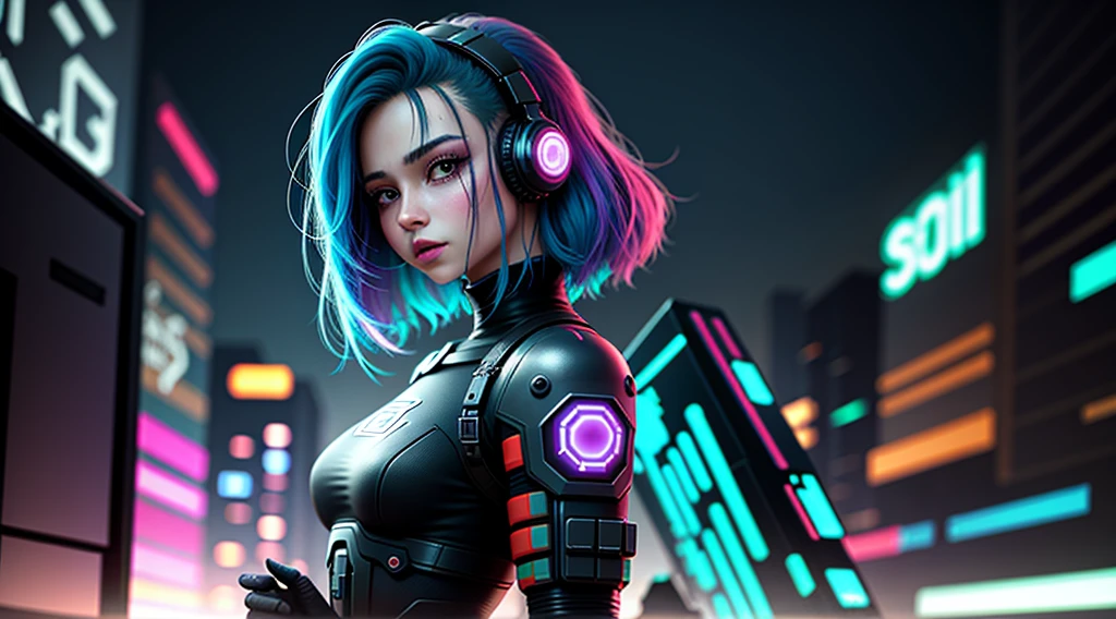 garota cyberpunk, fone de ouvido、🎧、cor colorida do cabelo, cabelo longo, corpo inteiro