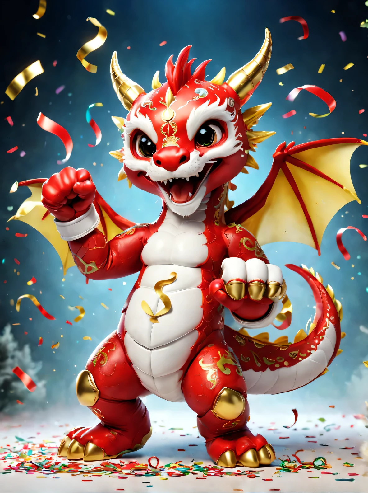 Boxing Dragon presents delightful and whimsical scenes, Anthropomorphic in a chibi style, take center stage. This adorable creature is dressed in bright red, Kaneko, and white, Symbol of joy, luck, and purity. Its round, The chubby body and oversized head make it look irresistibly cute, And its little fists are wrapped in boxing gloves. The dragon&#39;s face is decorated with playful expressions, Keep your eyes open, red face, and naughty smile. The air is filled with confetti and streamers, adding to the festive ambiance, When the dragon strikes a dynamic pose, Prepare to punch. Despite being ite, Dragon exudes confidence and determination, Show the indomitable spirit of a champion. The delightful fusion of boxing and mythical creatures embodies joyful celebrations, Capturing the essence of fun, Excited, Integrate harmoniously with cuteness.