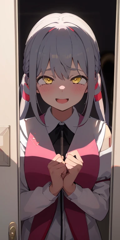 1girl in, masutepiece, Best Quality,Troubled face,Nikkeadomi,very short Pleated skirt,  Hair Ornament, bowtie, Sweater Vest, blush, grey sweater, yellow bowtie, Small breasts, backpack, White socks,,((solo girl)),nsfw,(POV),pressing lips together,kissing mouth,sweaty saliva,front view,lustrous lips,face up,((half Open eyes)),have a runny nose,Sweaty and blushing body, open arms forward,hug,open mouth,tongue out,love hotel room background, saliva, sweat,pov, Looking at Viewer,saliva, sweat,incoming hug, incoming kiss,(open arms),Sweaty body,((Focus face,focus mouth,)),