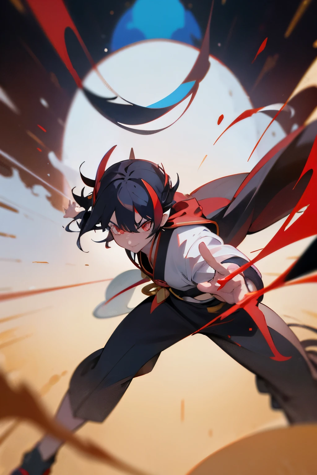 masterpiece, full illustration, half body, head to waist, 1 boy, dragon boy, boy with dragon horns, anime character with horns and horns on head. onmyoji, ryuko matoi hairstyle, attractive matoi ryuko, handosme, japanese demon boy, gurren lagan, inspired okumura masanobu, onmyoji, gensin impact, black hair, white and red tufts and streaks on hair, black hair with white and red highlights, japanese kimono, long white sleeves with blue motifs and gradient down the bottom, white kimono with a lot of black, blue and gold accents, gradients, twotoned, multitoned outfit, three toned hair, one horn bigger than the other, white dragon tail, black straw hat with white and red accents on the brim, cool pose, cool facial expression, waist up, half body pose, dynamic pose, dynamic lighting