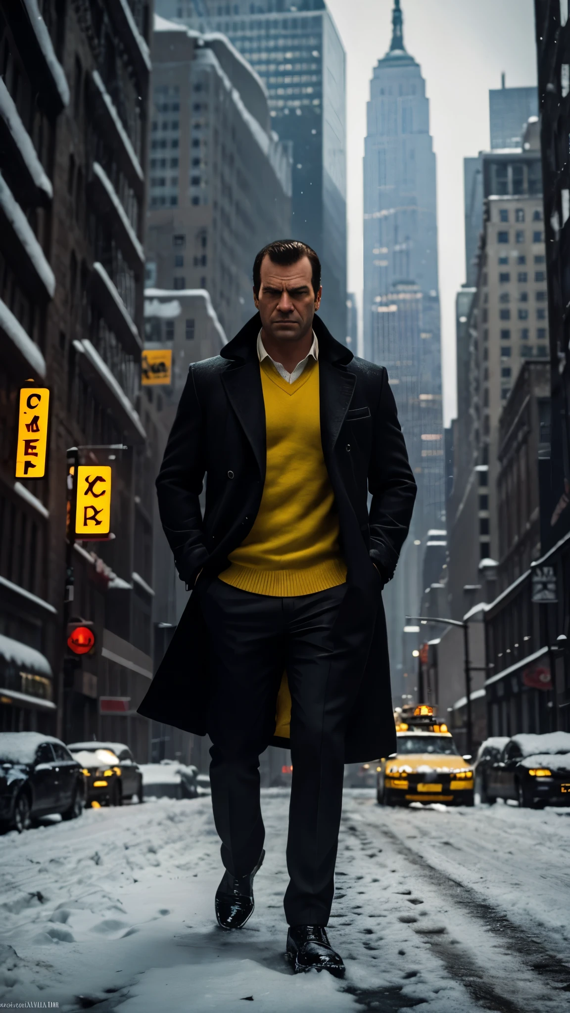 create a gta 5 loading screen artwork of Garfield the cat wearing a suit and overcoat. Take reference from all GTA artwork. Make it detailed and dramatic with studio lighting. Take reference from Max Payne series artwork. Setting is New York City wintertime. The mood is noir and dramatically melancholic. Add snow to the image and yellow cab taxi in the background. Convey a sense of grief and vengeance. Make it moody and cold and sad.