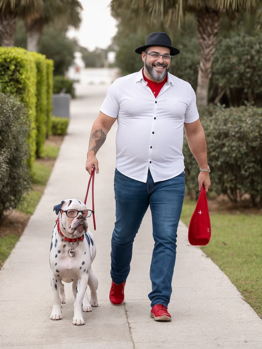 Veste roupas da moda, mesa,alta qualidade,altamente detalhado,cena intensa, solid, Gritty Reality Scenario for 42 Year Old Sexy Fat Bearded Man,cheio de suor,corpo todo,barriga grande, ((wearing prescription glasses or Sport glasses with red transfer lenses 60%)), smiling Laughing expression of great happiness, wearing a hat or wearing a hat on the head, ((Vestindo blusa de passeio, uma bermuda branco)),rosto atordoado,Abra as pernas, Florida square environment luxurious outdoor place, He walks his English Cocker Spaniel or English Bulldog, Dalmatians, collie, Maltese, he affectionately holds the dog in his arm or holds him petting him on his lap.